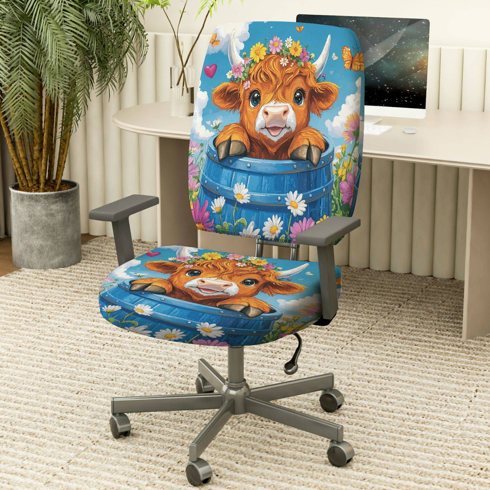 2-Piece Cute Cow Flower Garden Spring Summer  Computer Chair Cover Set, Seat and Backrest