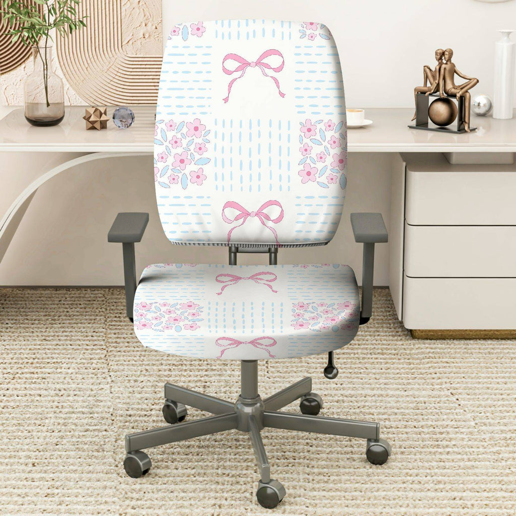 2-Piece Floral Bowknot Pastel Cute Decorative  Computer Chair Cover Set, Seat and Backrest