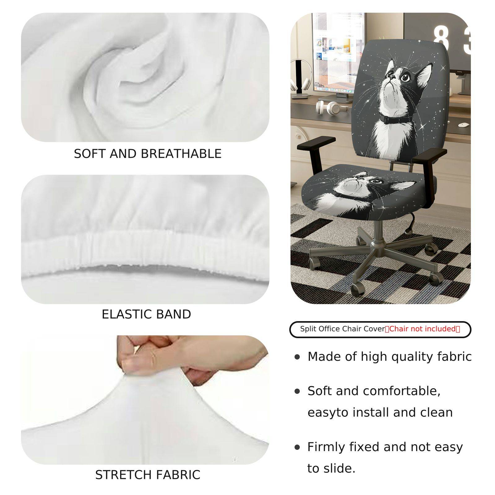 2-Piece Cute Cat Starry Sky Gray Black  Computer Chair Cover Set, Seat and Backrest