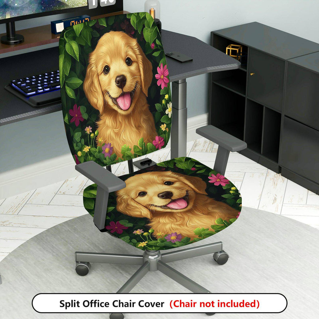 2-Piece Dog Floral Nature Green Pink  Computer Chair Cover Set, Seat and Backrest