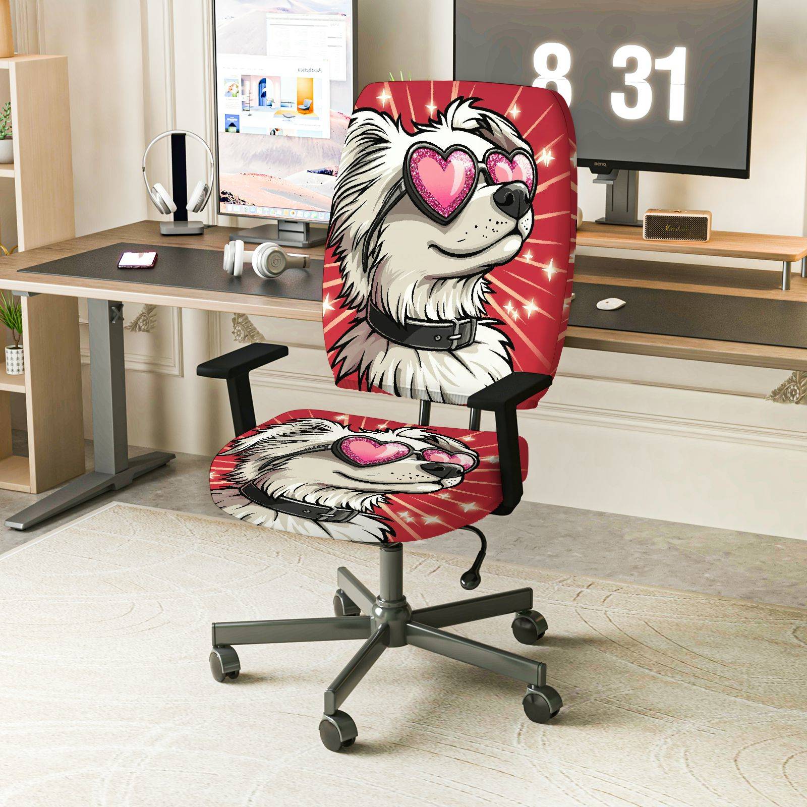 2-Piece Cute Dog Heart Sunglasses Red Animal  Computer Chair Cover Set, Seat and Backrest