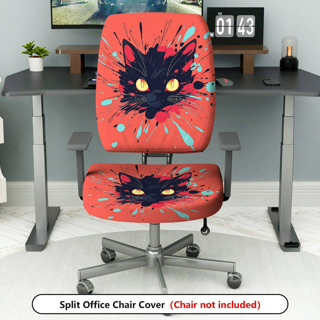 2-Piece Cat Splatter Art Abstract Colorful Halloween  Computer Chair Cover Set, Seat and Backrest