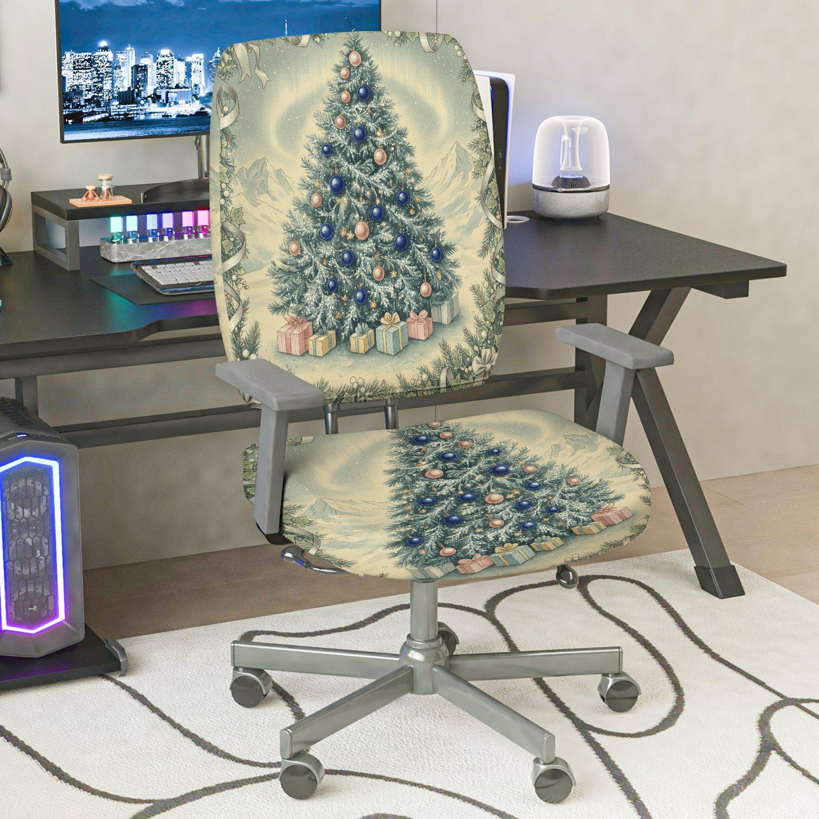 2-Piece Christmas Tree Holiday Gift Decoration Snow  Computer Chair Cover Set, Seat and Backrest