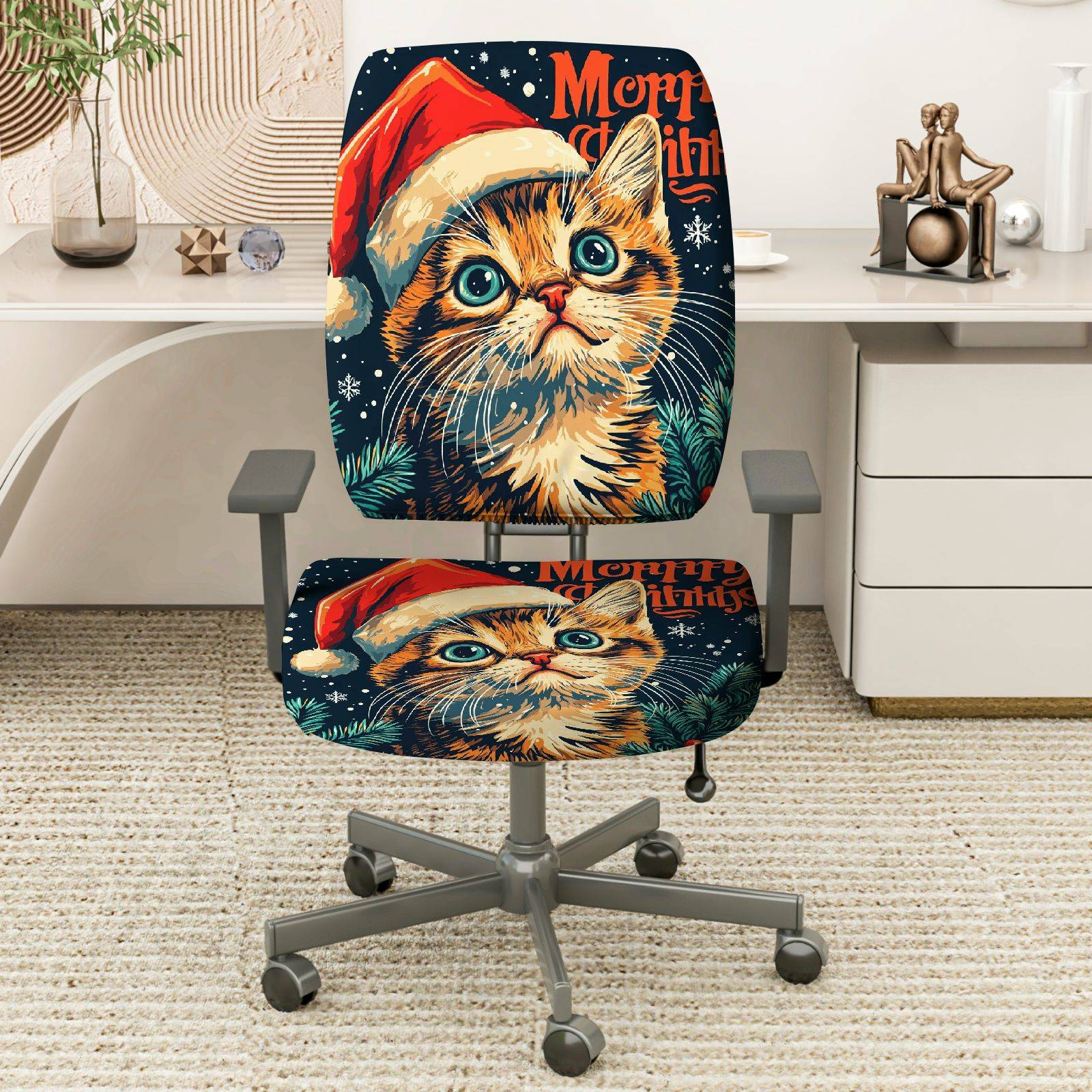 2-Piece Christmas Cat Santa Cute Funny Holiday  Computer Chair Cover Set, Seat and Backrest