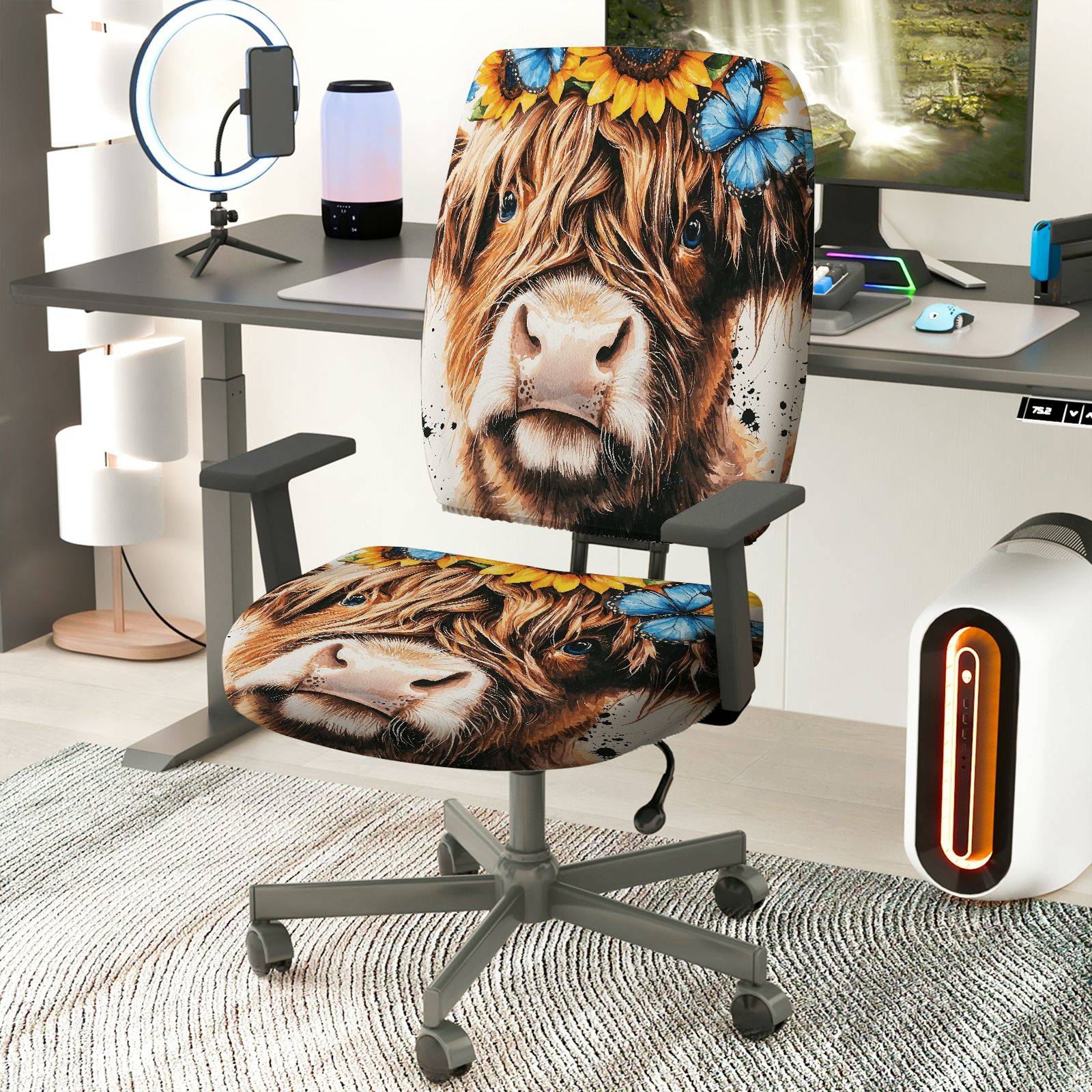 2-Piece Cow Sunflower Butterfly Nature Animal Head  Computer Chair Cover Set, Seat and Backrest