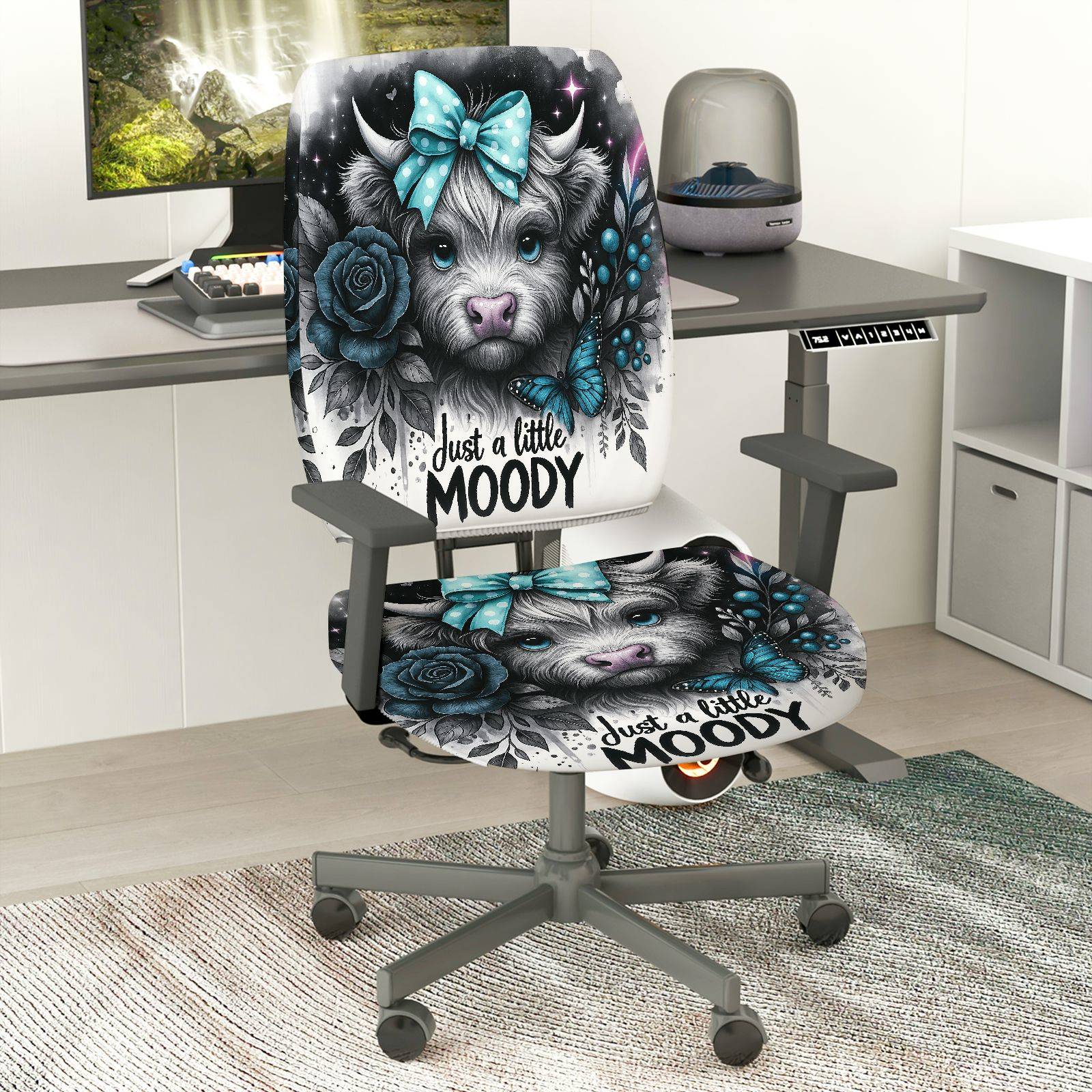 2-Piece Stylish Animal Flower Butterfly Bow Text  Computer Chair Cover Set, Seat and Backrest