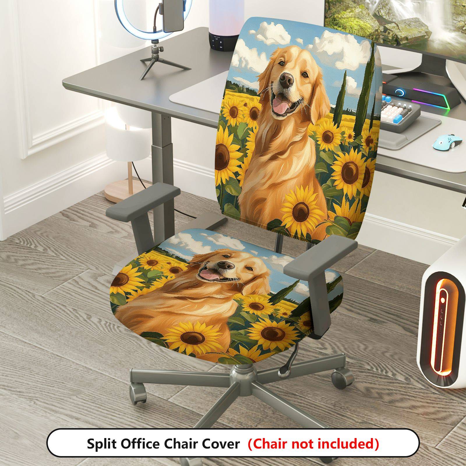 2-Piece Dog Sunflower Nature Landscape Happy Pet Golden Retriever  Computer Chair Cover Set, Seat and Backrest