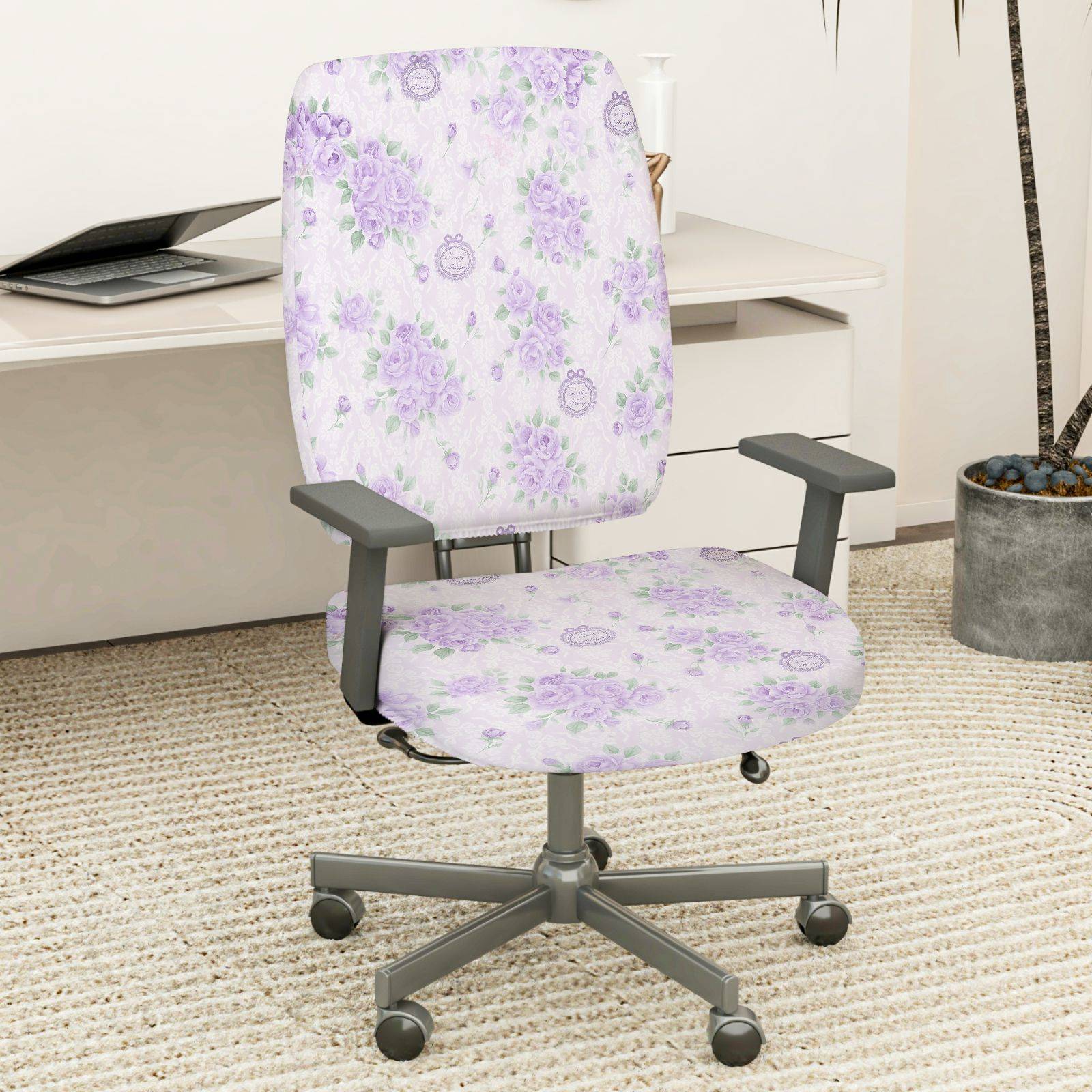 2-Piece Floral Purple Gray Pattern Decorative  Computer Chair Cover Set, Seat and Backrest