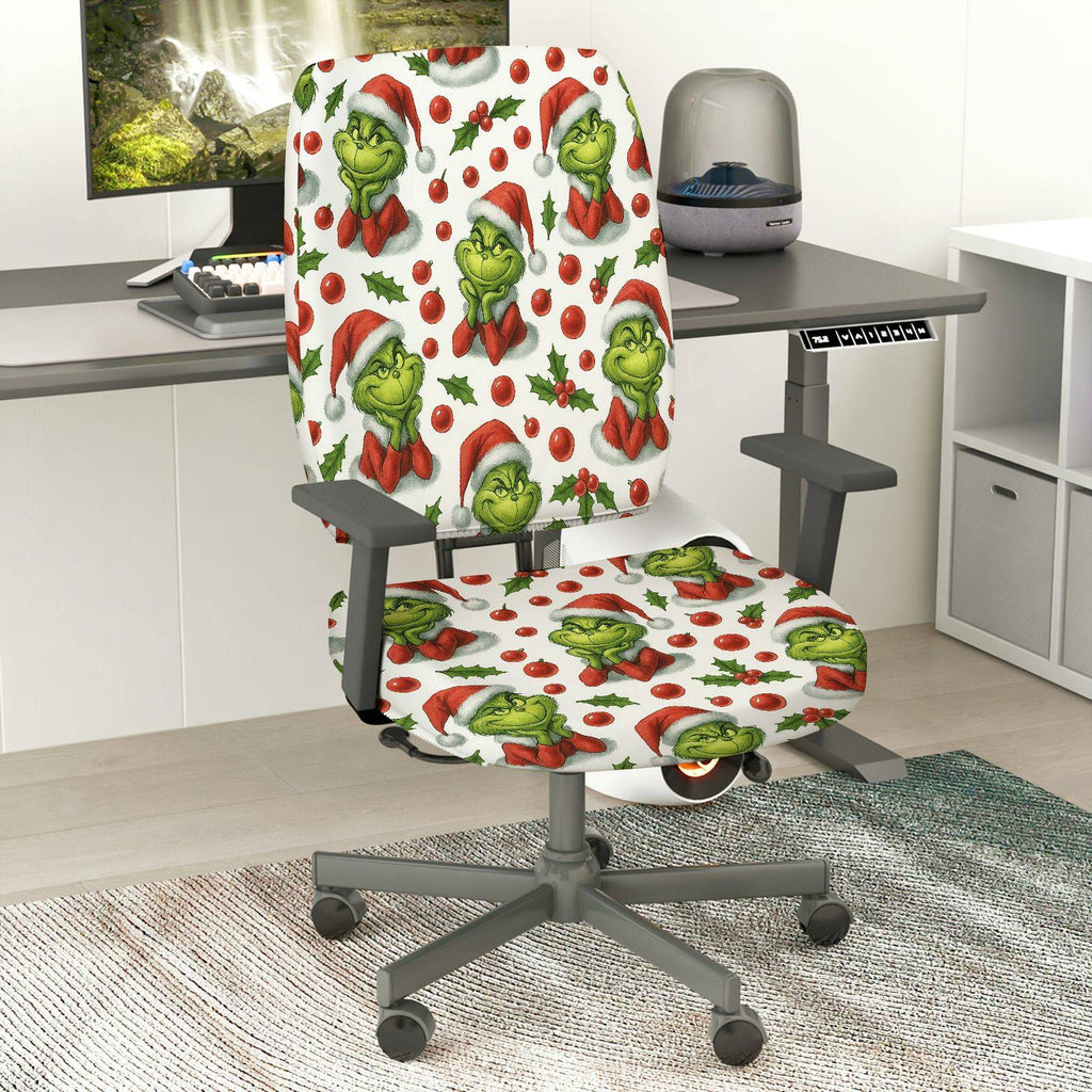 2-Piece Christmas Santa Grinch Holly Berry  Computer Chair Cover Set, Seat and Backrest
