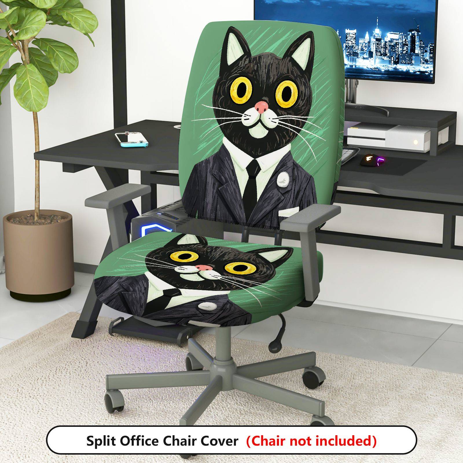 2-Piece Cat Business Suit Pattern Fun Creative Unique  Computer Chair Cover Set, Seat and Backrest