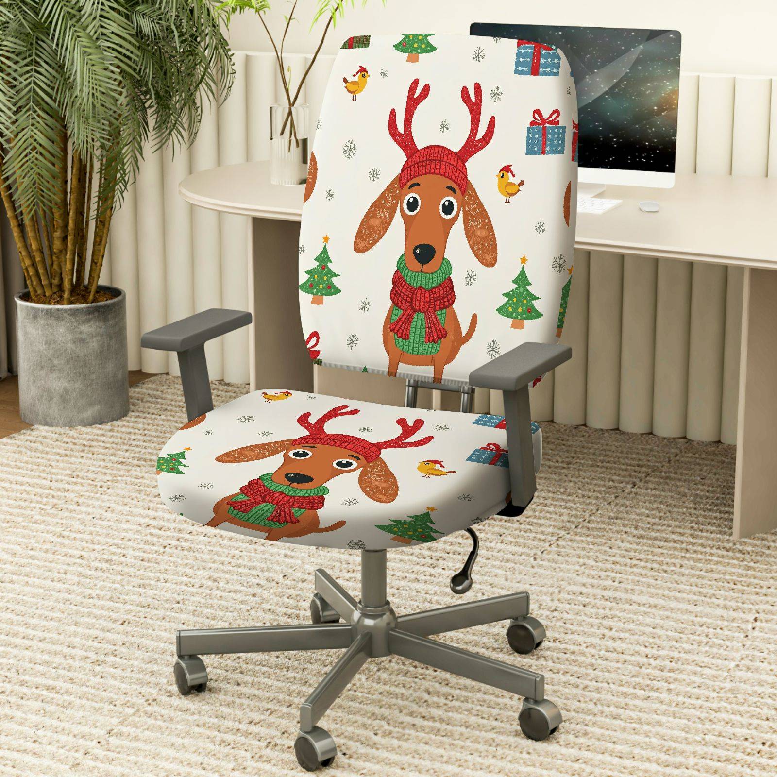 2-Piece Christmas Dog Reindeer Pattern Festive Holiday  Computer Chair Cover Set, Seat and Backrest