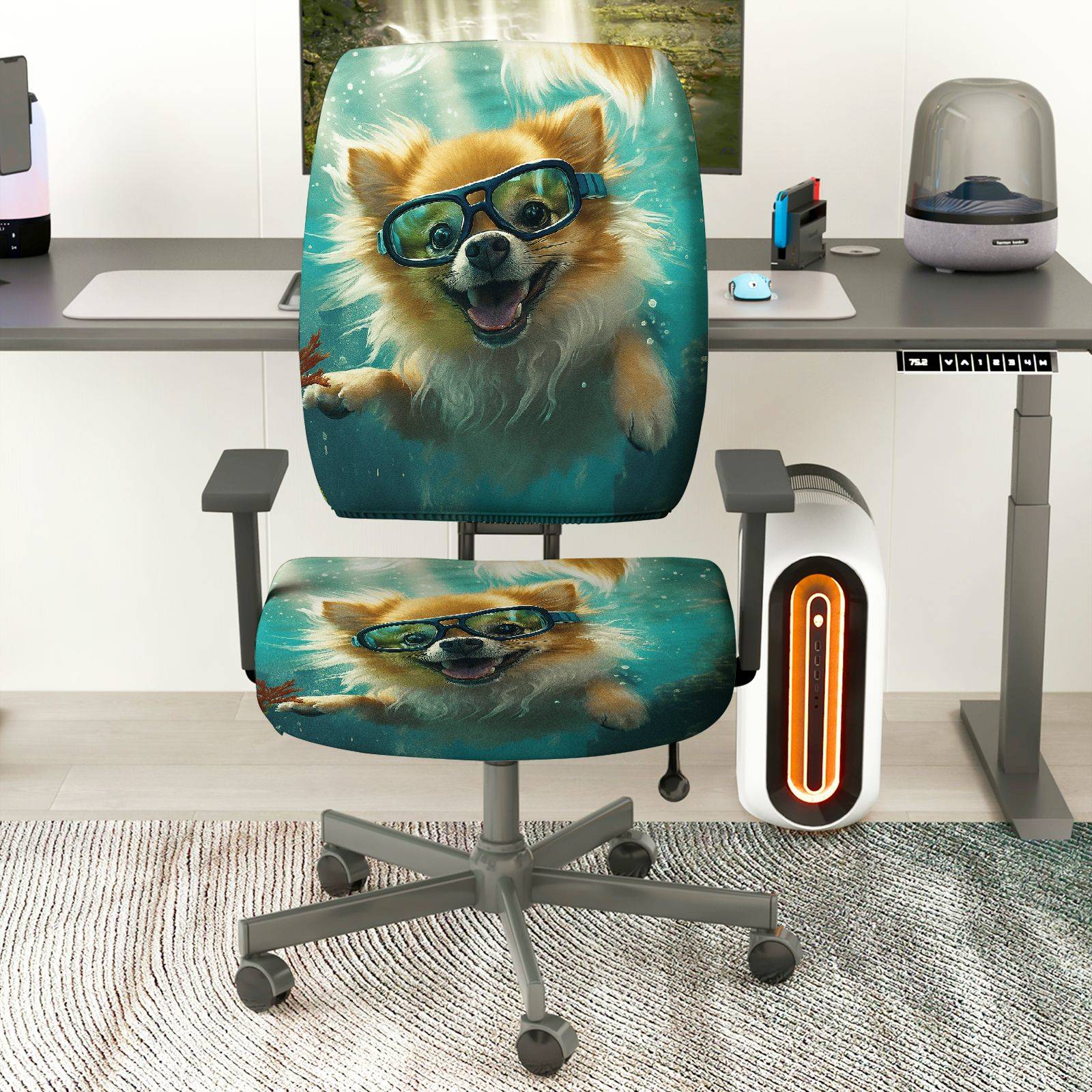 2-Piece Dog Underwater Fun Art Cute  Computer Chair Cover Set, Seat and Backrest
