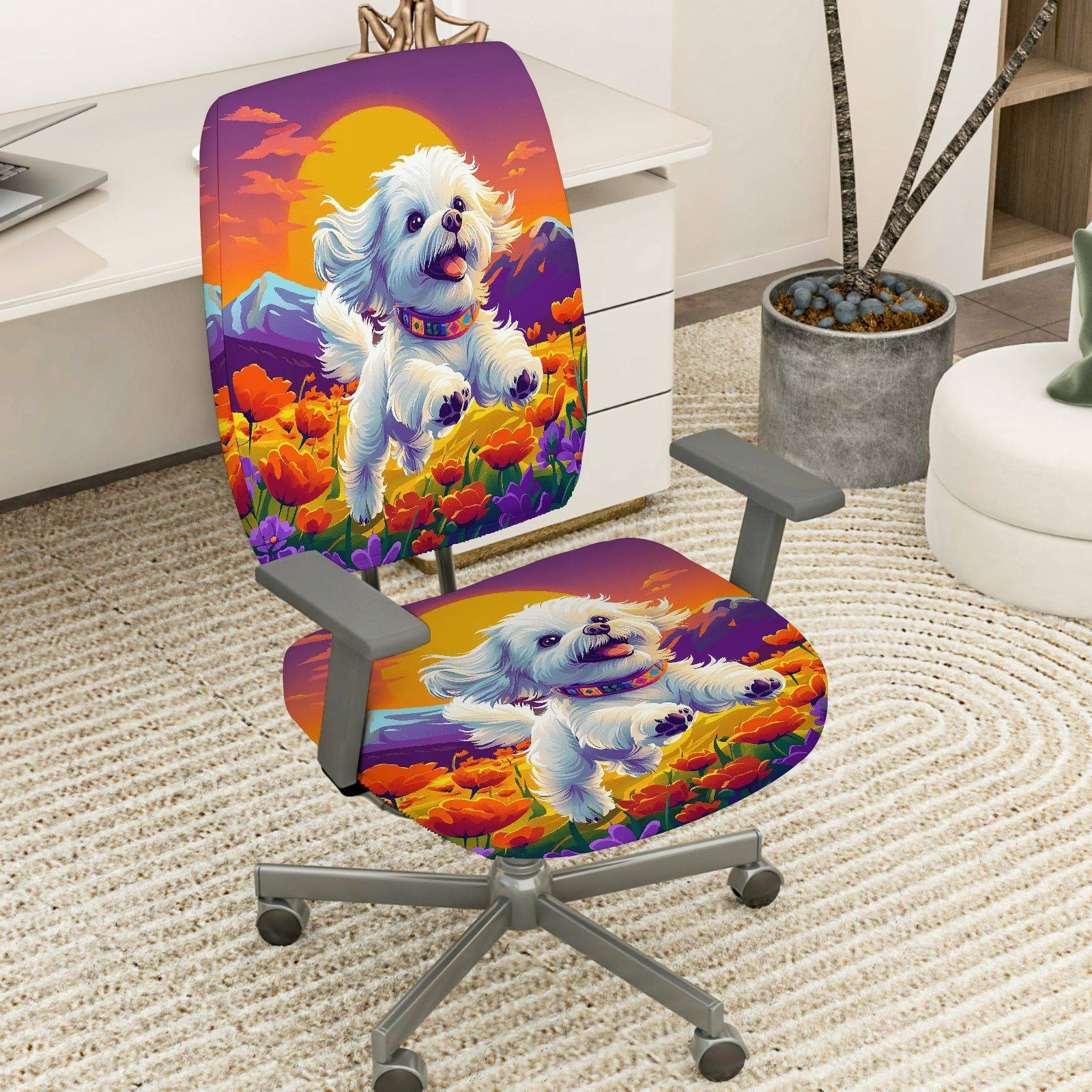 2-Piece Cute Dog Mountain Sunset Flowers Colorful  Computer Chair Cover Set, Seat and Backrest