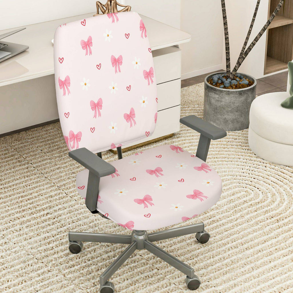 2-Piece Pink Bowknot Daisy Heart Cute  Computer Chair Cover Set, Seat and Backrest