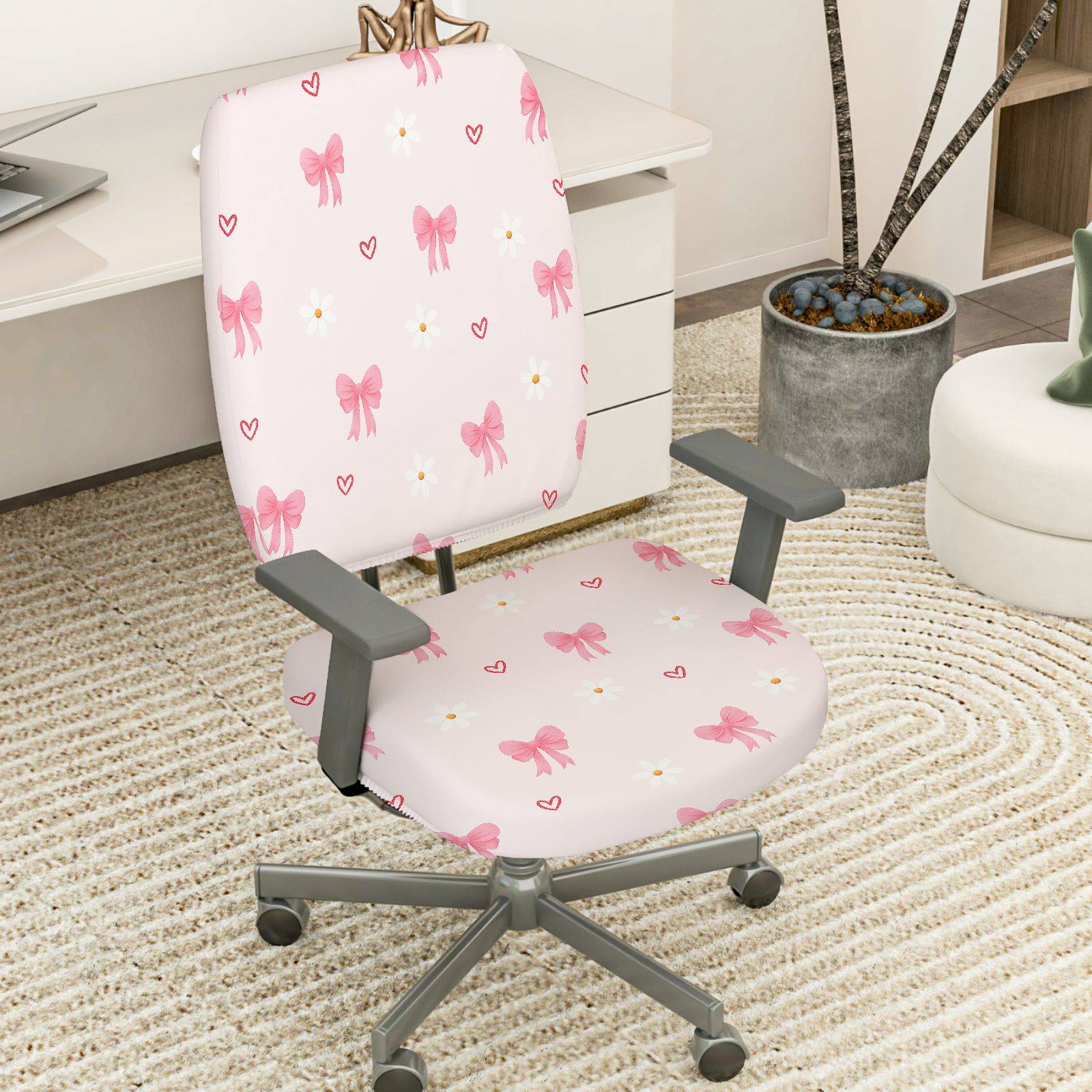2-Piece Pink Bowknot Daisy Heart Cute  Computer Chair Cover Set, Seat and Backrest