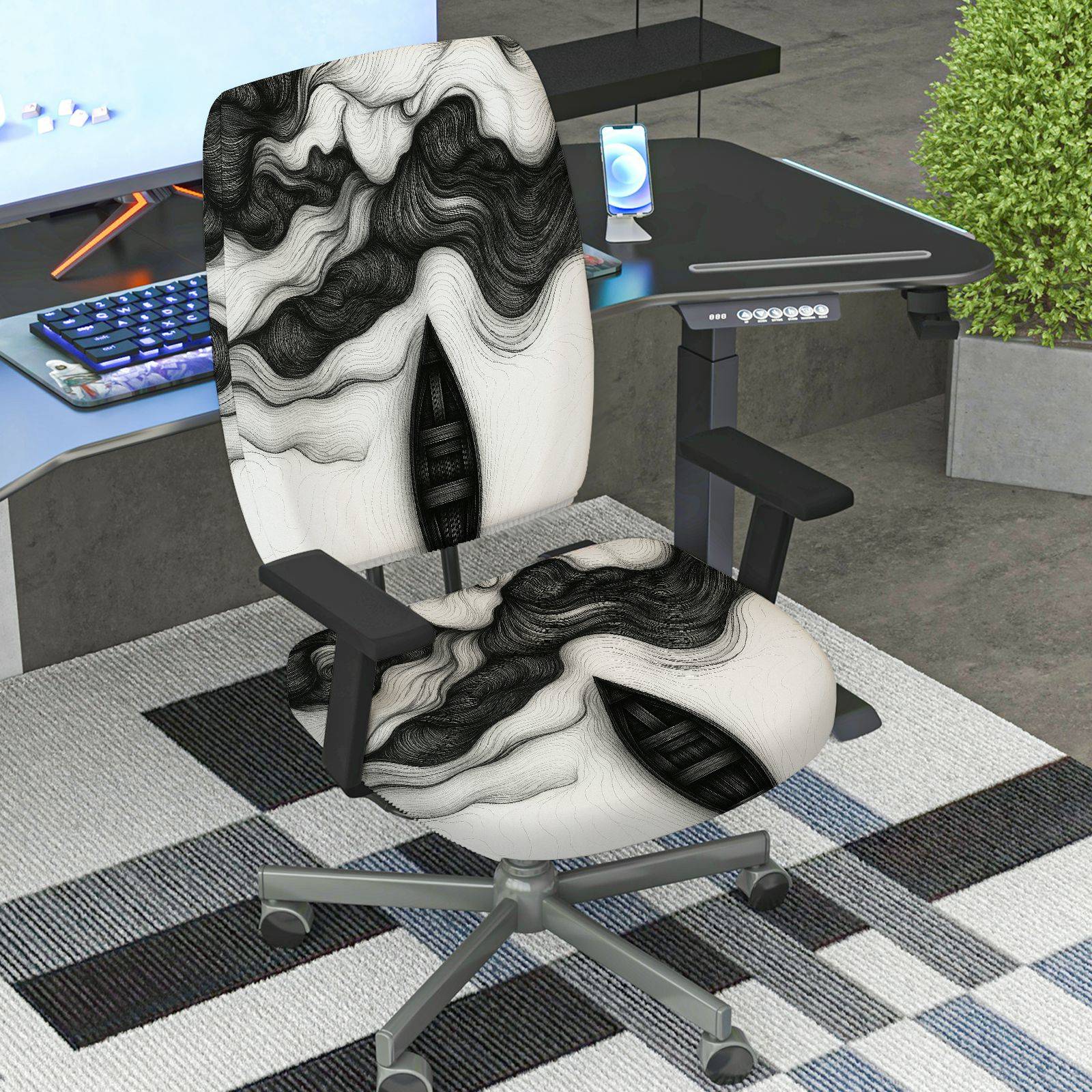 2-Piece Abstract Swirl Pattern Black White Artistic Modern  Computer Chair Cover Set, Seat and Backrest