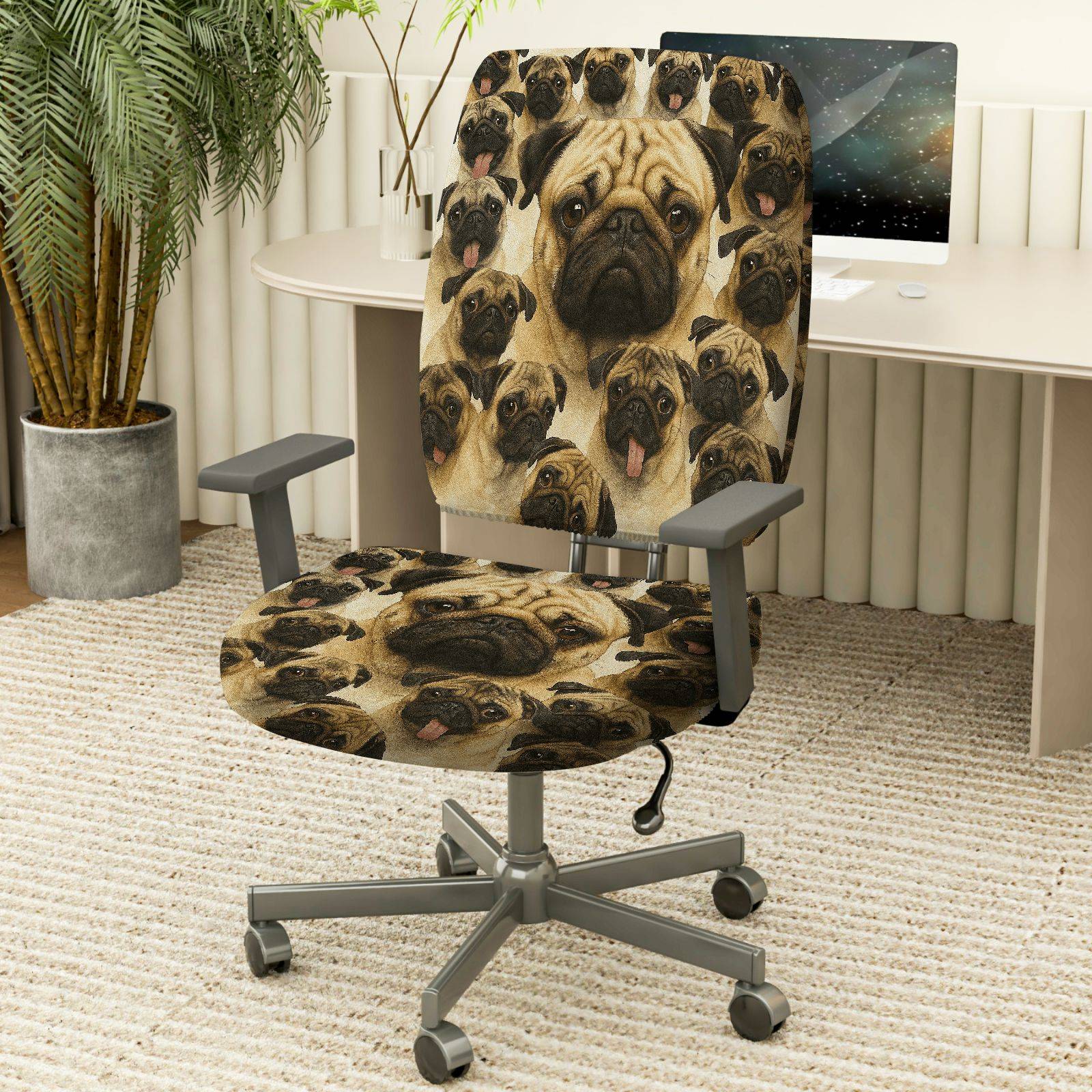 2-Piece Pug Dog Animal Print Cute Funny  Computer Chair Cover Set, Seat and Backrest