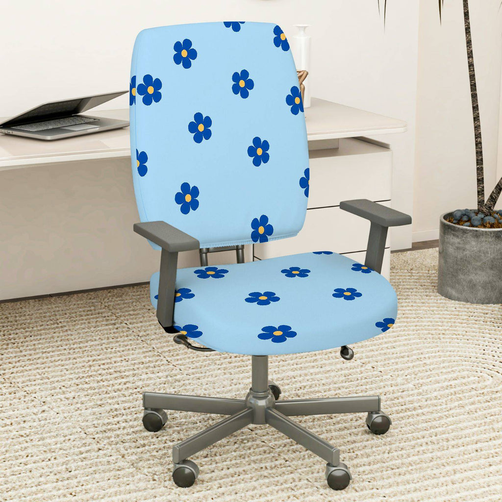 2-Piece Blue Flower Pattern Decorative  Computer Chair Cover Set, Seat and Backrest