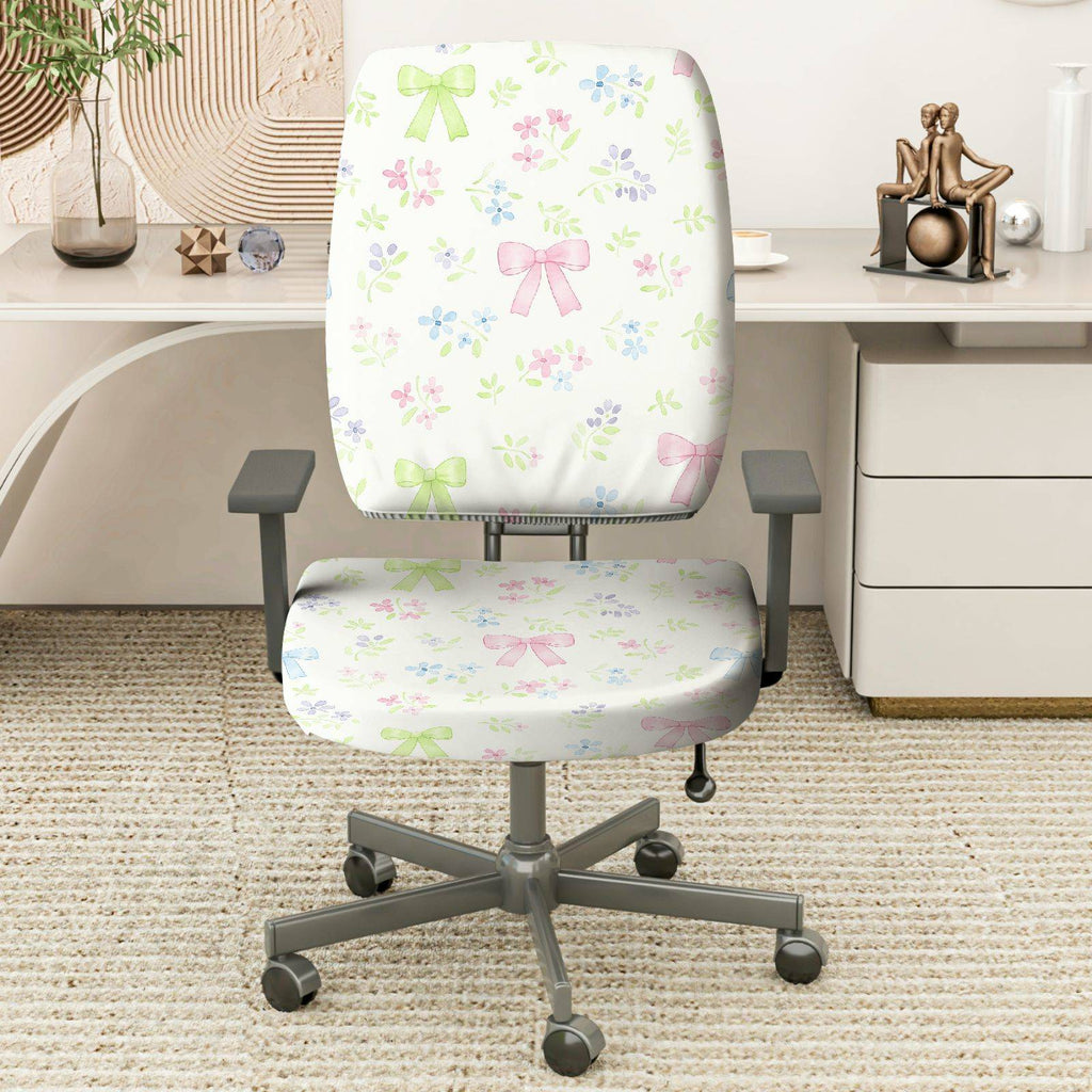 2-Piece Floral Bow Pastel Cute Spring Comfortable  Computer Chair Cover Set, Seat and Backrest