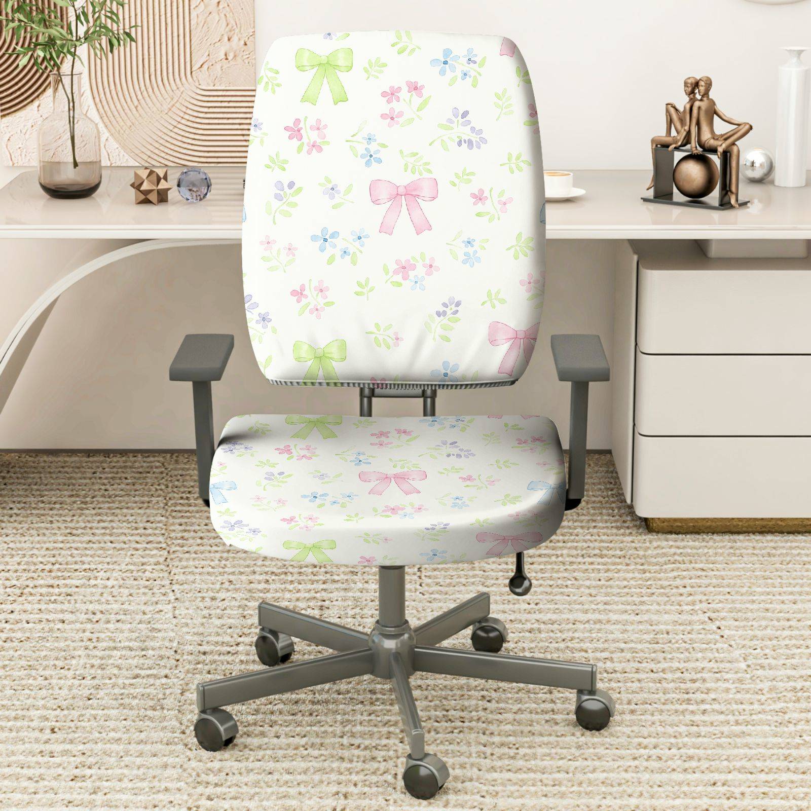 2-Piece Floral Bow Pastel Cute Spring Comfortable  Computer Chair Cover Set, Seat and Backrest