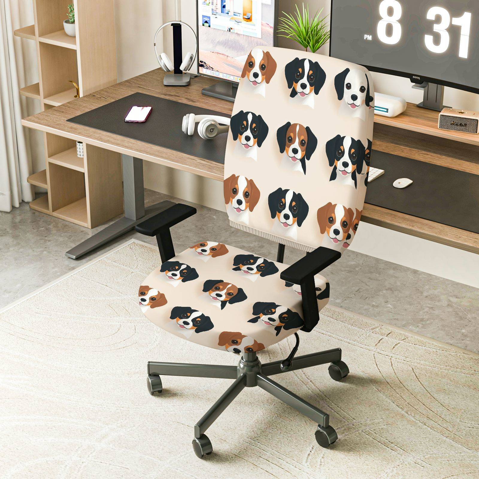 2-Piece Cute Dog Pattern Animal Print Fun  Computer Chair Cover Set, Seat and Backrest