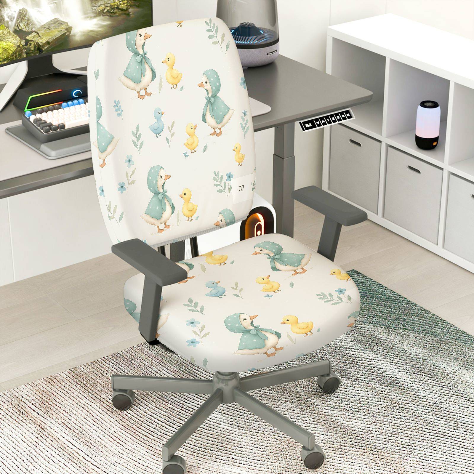 2-Piece Duck Floral Pastel Cute Playful  Computer Chair Cover Set, Seat and Backrest