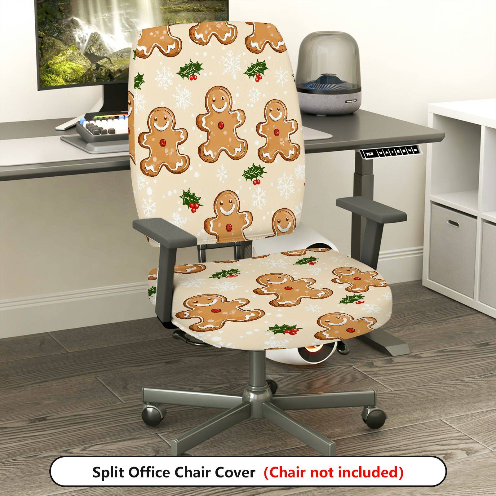 2-Piece Gingerbread Snowflakes Holly Christmas Festive  Computer Chair Cover Set, Seat and Backrest