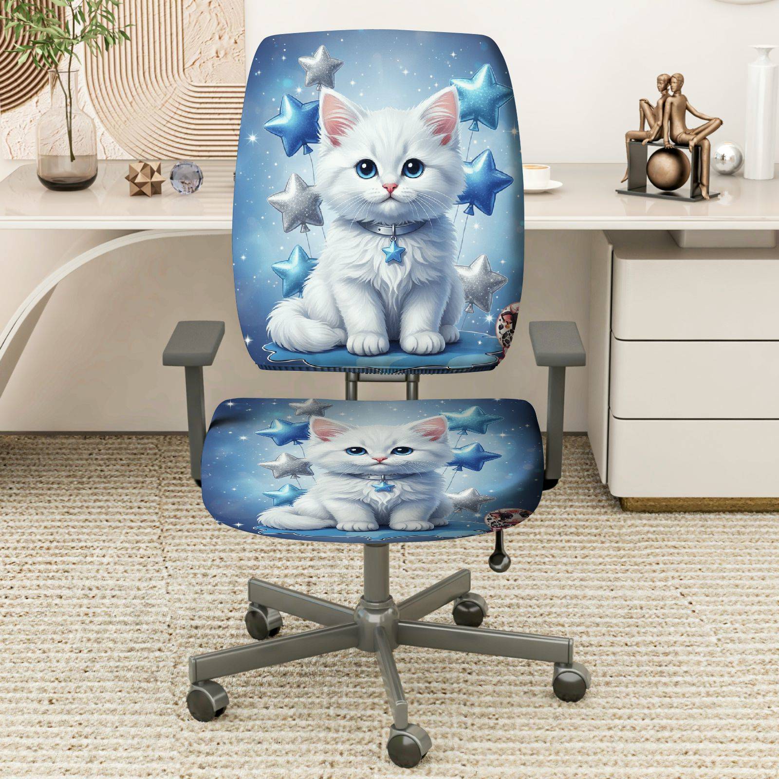 2-Piece Cute Cat Starry Blue Fantasy  Computer Chair Cover Set, Seat and Backrest