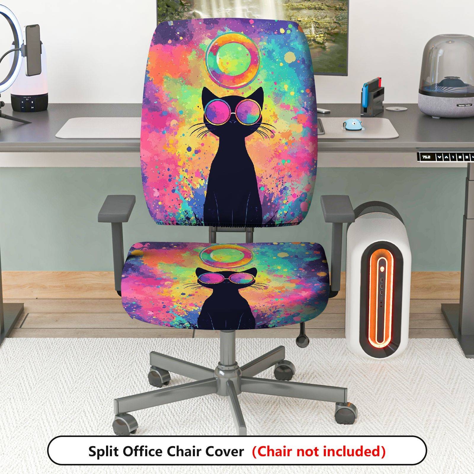 2-Piece Colorful Cat Funky Artistic Stylish  Computer Chair Cover Set, Seat and Backrest
