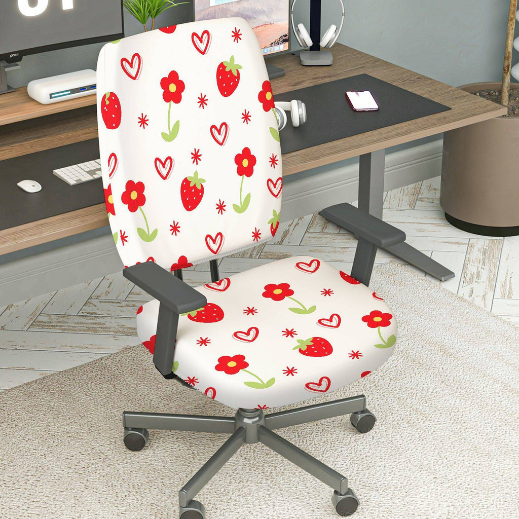 2-Piece Strawberry Flower Heart Pattern  Computer Chair Cover Set, Seat and Backrest