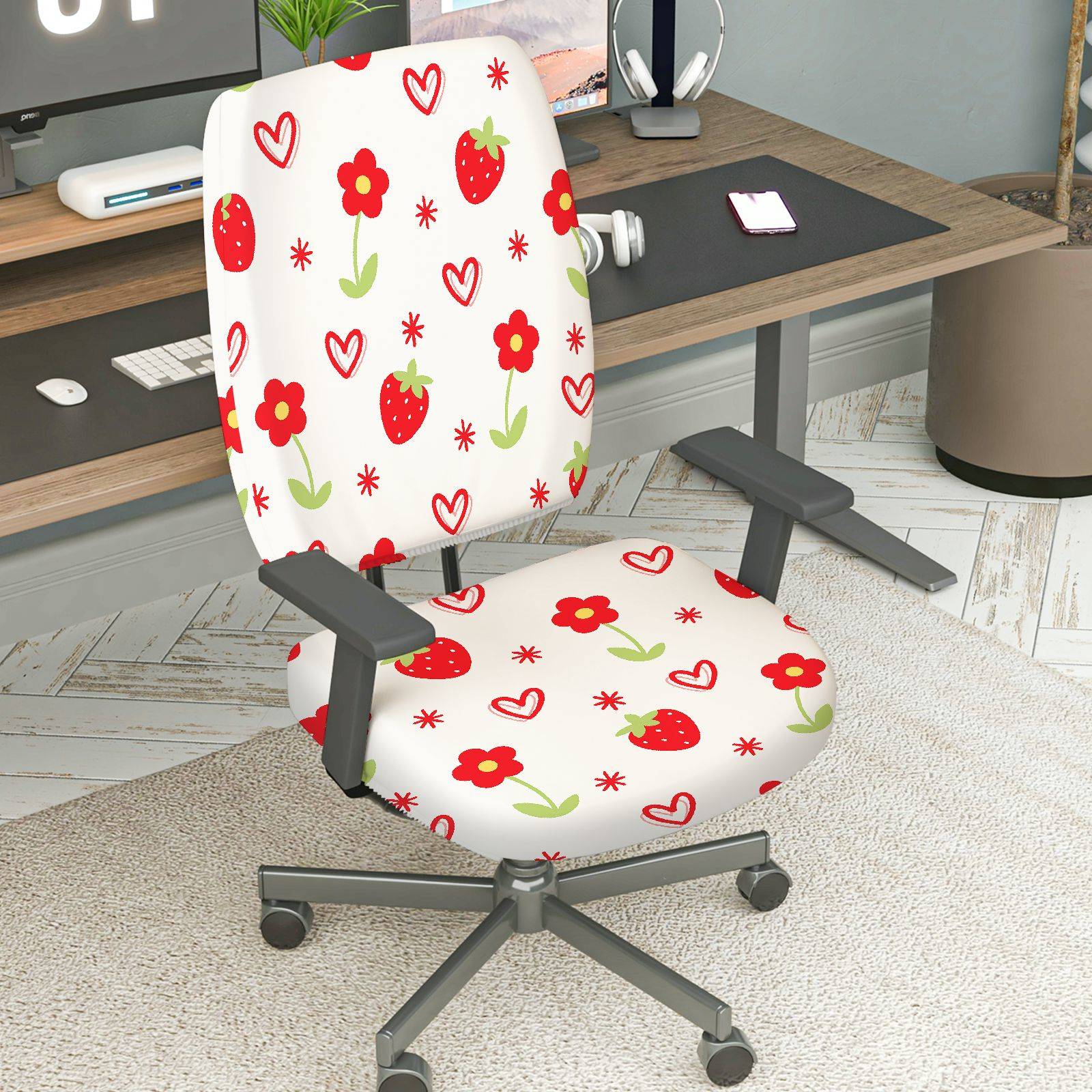 2-Piece Strawberry Flower Heart Pattern  Computer Chair Cover Set, Seat and Backrest