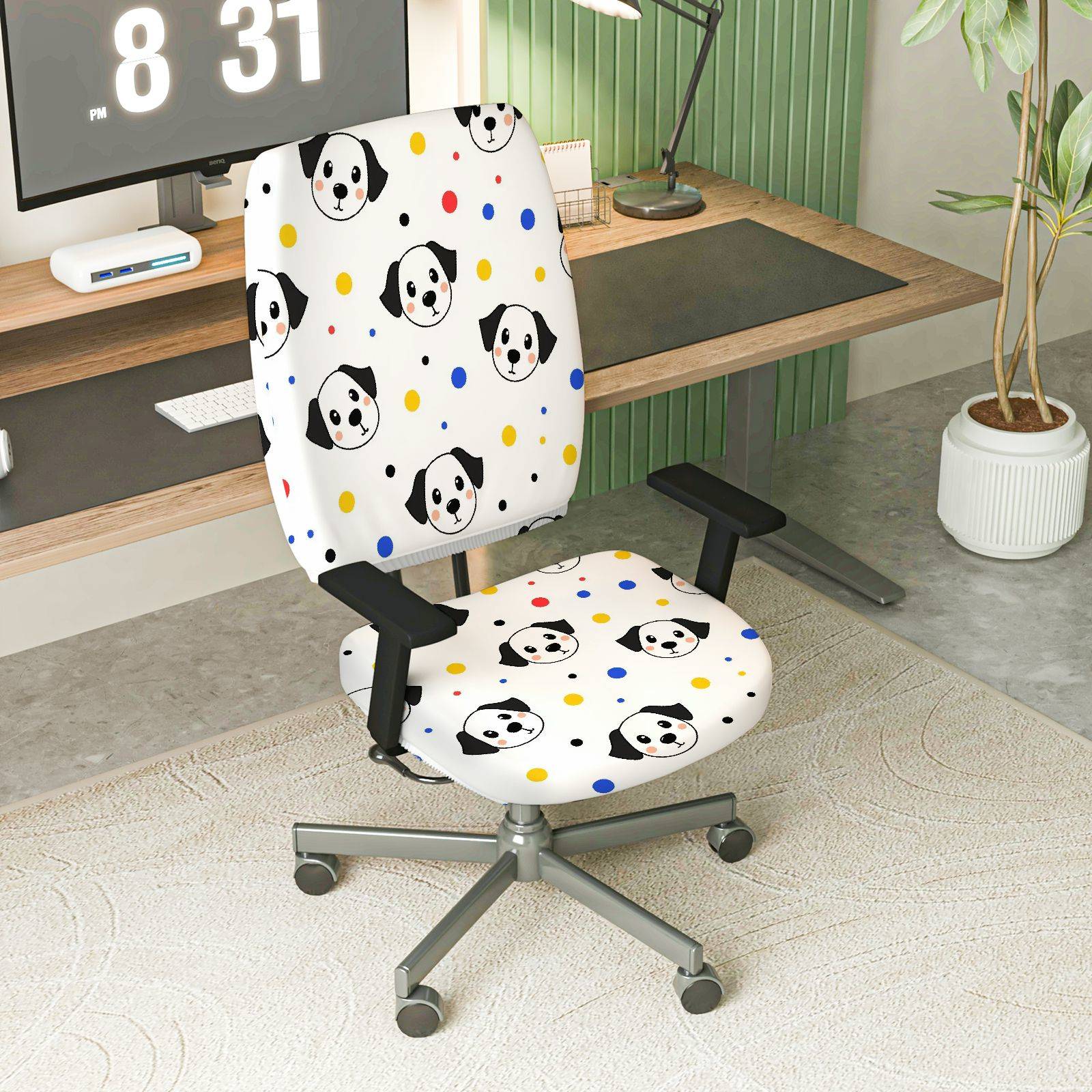 2-Piece Dog Pattern Colorful Dots Cute Fun  Computer Chair Cover Set, Seat and Backrest
