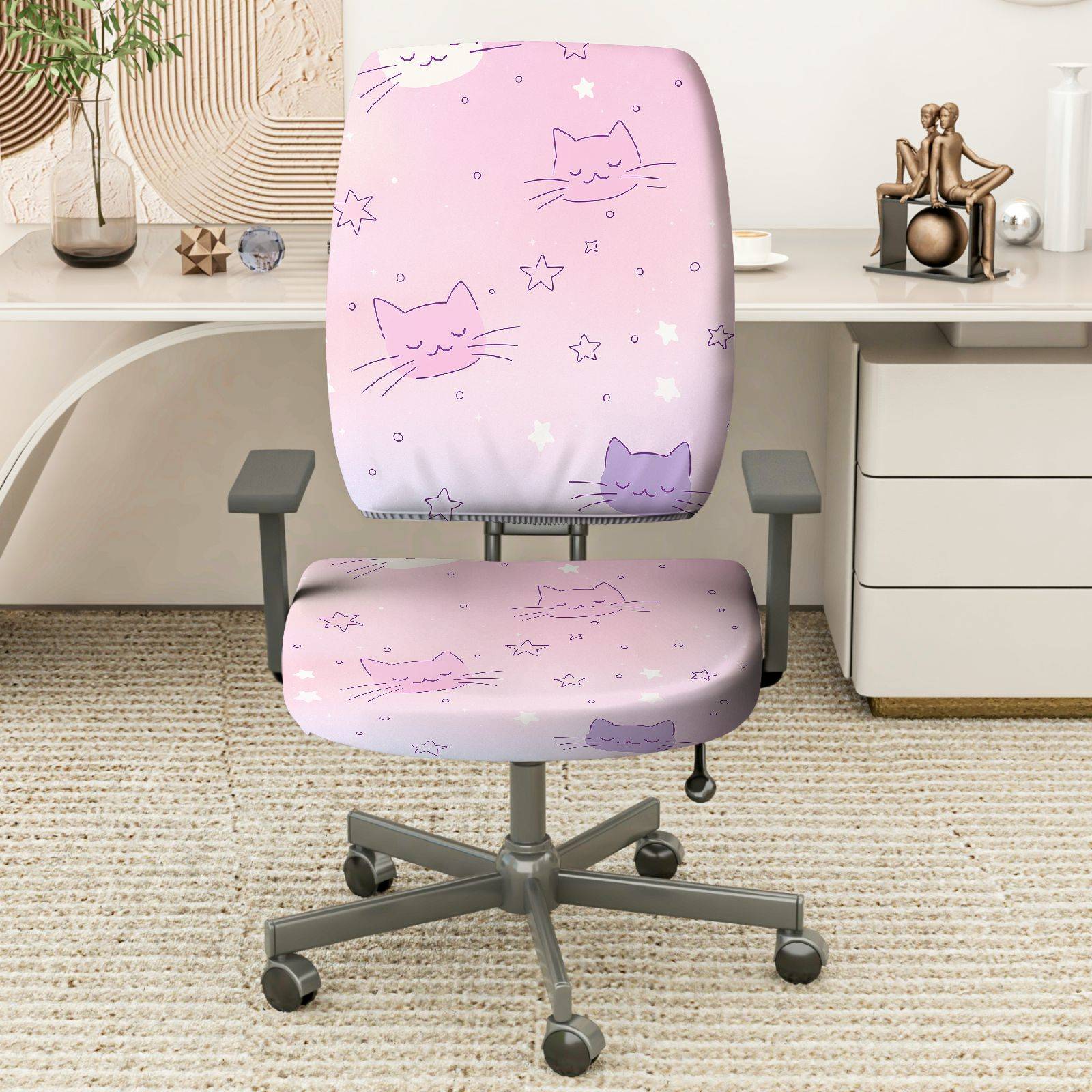 2-Piece Pink Cute Cat Star Pattern  Computer Chair Cover Set, Seat and Backrest