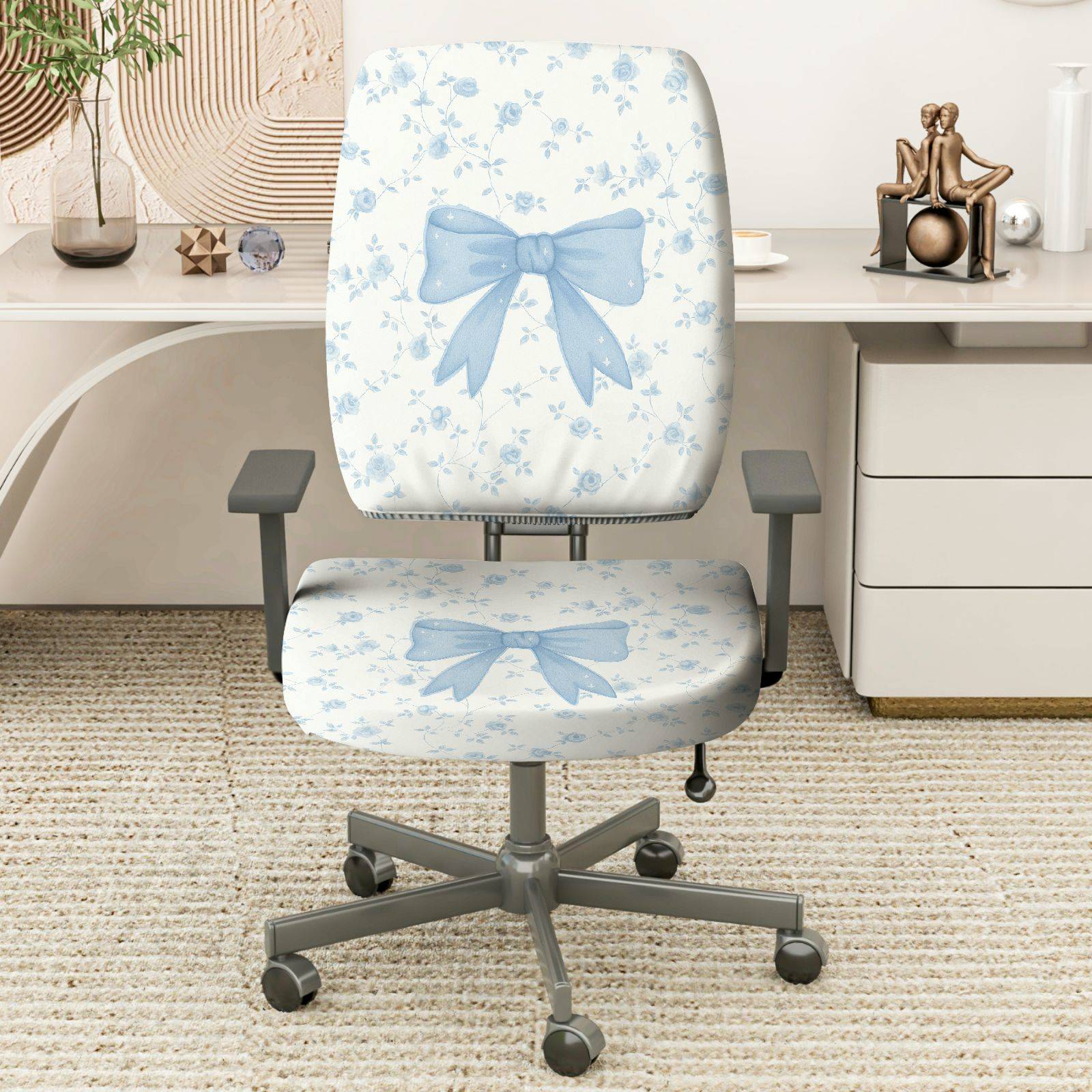 2-Piece Floral Bowknot Pattern Blue White Cute  Computer Chair Cover Set, Seat and Backrest