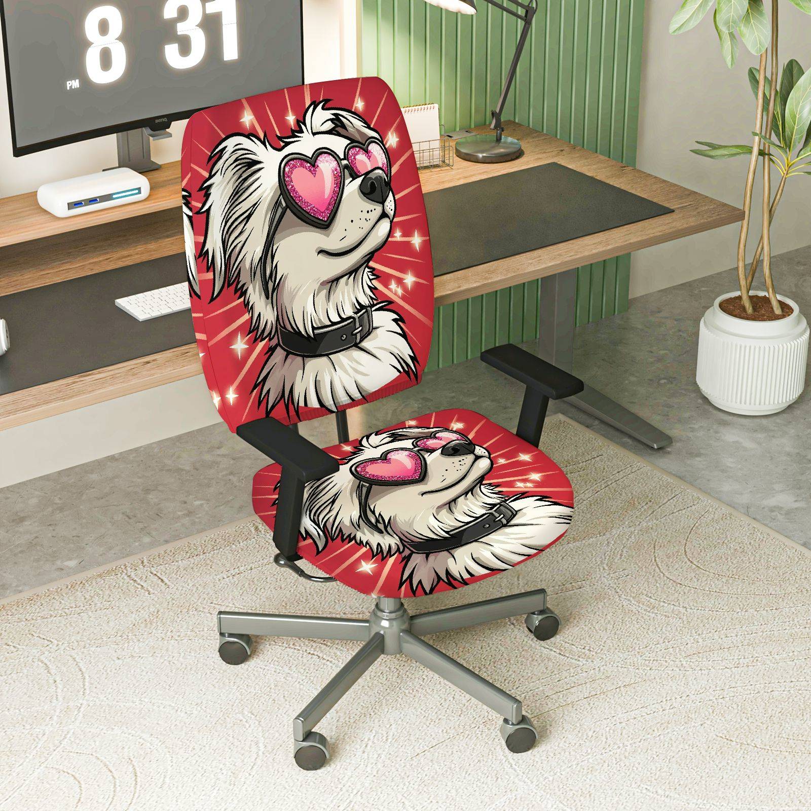 2-Piece Cute Dog Heart Sunglasses Red Animal  Computer Chair Cover Set, Seat and Backrest