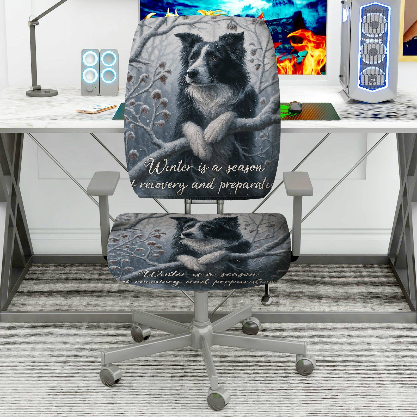 2-Piece Winter Dog Forest Inspirational Quote Holiday  Computer Chair Cover Set, Seat and Backrest