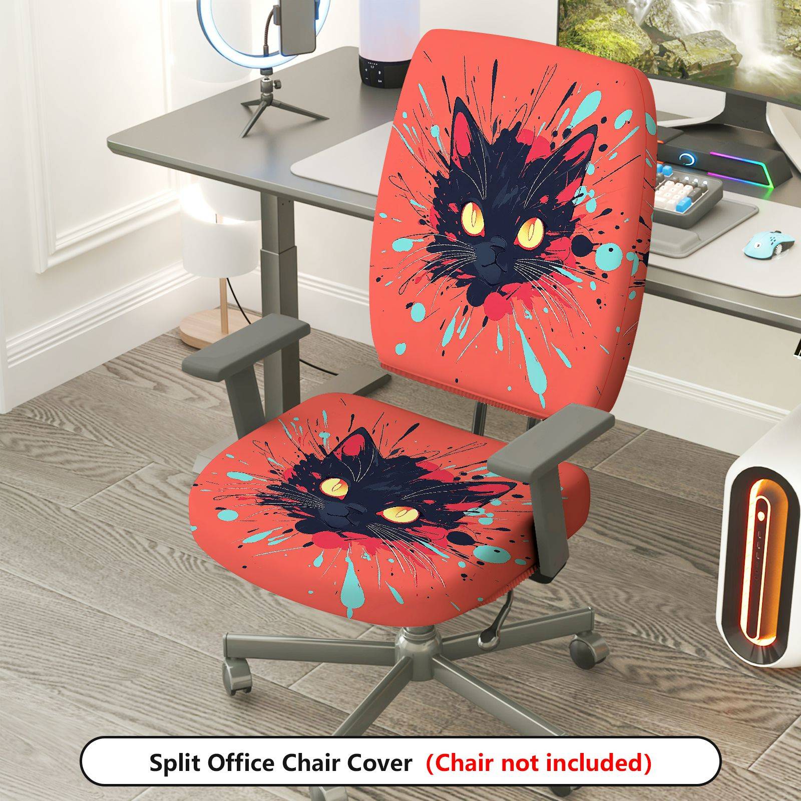 2-Piece Cat Splatter Art Abstract Colorful Halloween  Computer Chair Cover Set, Seat and Backrest