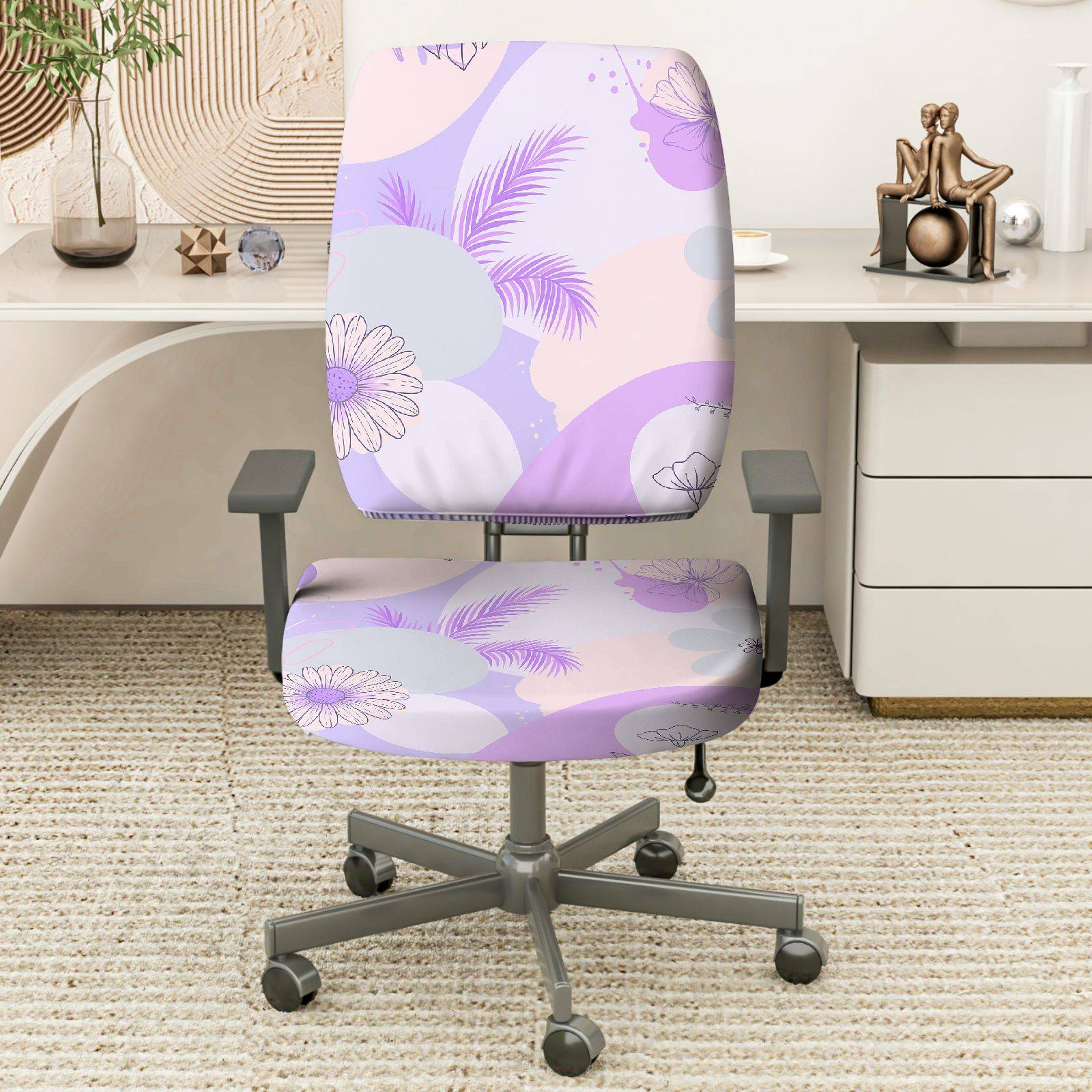 2-Piece Pastel Floral Leaves Abstract Geometry  Computer Chair Cover Set, Seat and Backrest