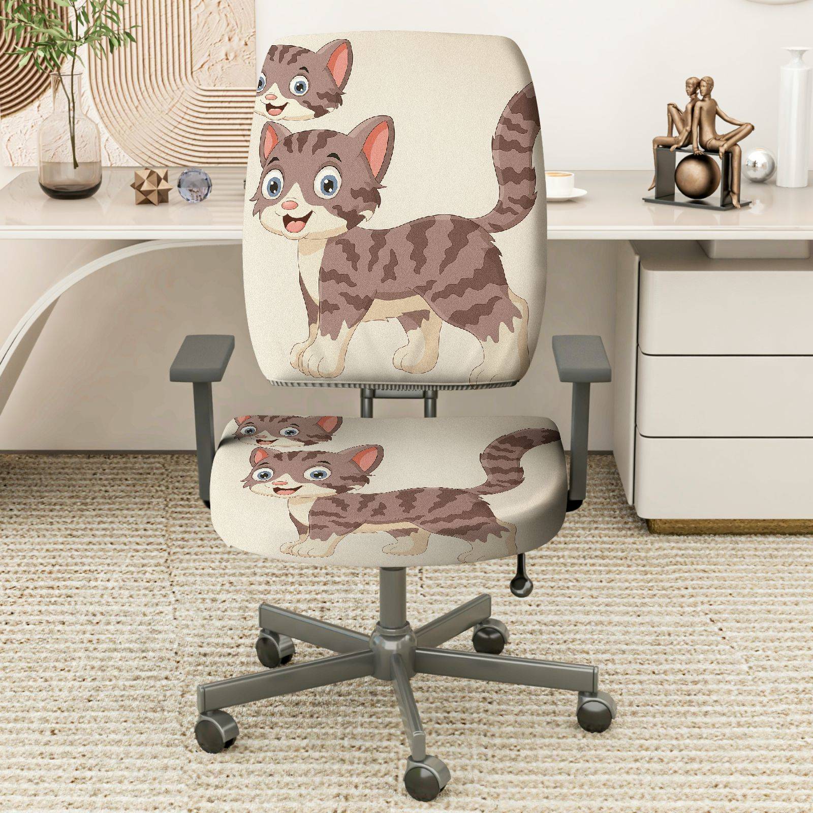 2-Piece Cute Cat Pattern Animal  Computer Chair Cover Set, Seat and Backrest