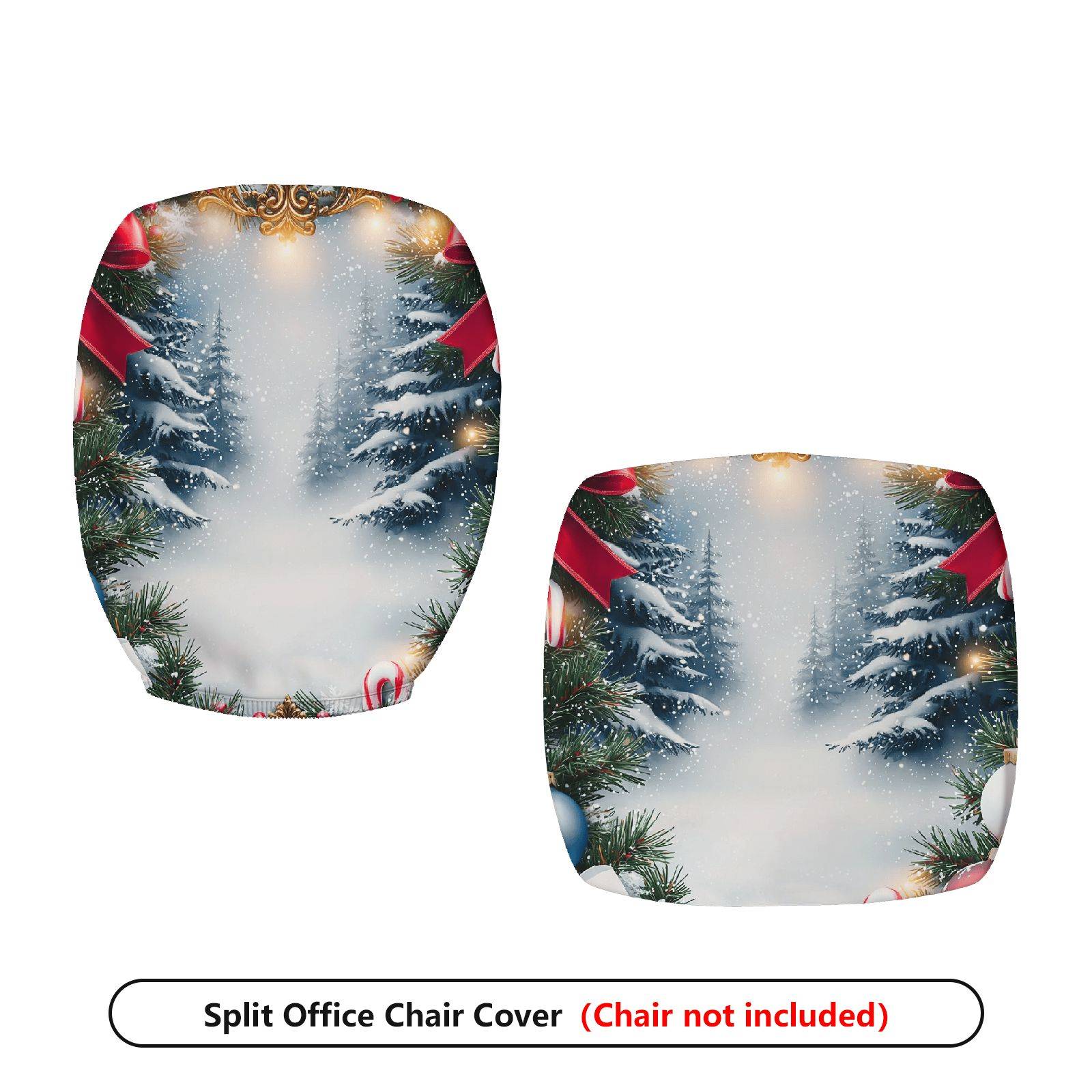 2-Piece Christmas Winter Snow Forest Tree Red Ribbon  Computer Chair Cover Set, Seat and Backrest