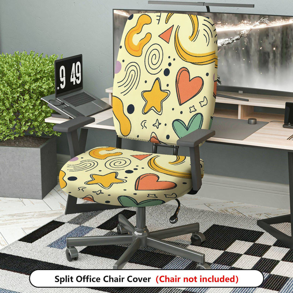 2-Piece Abstract Hearts Stars Swirls Yellow  Computer Chair Cover Set, Seat and Backrest