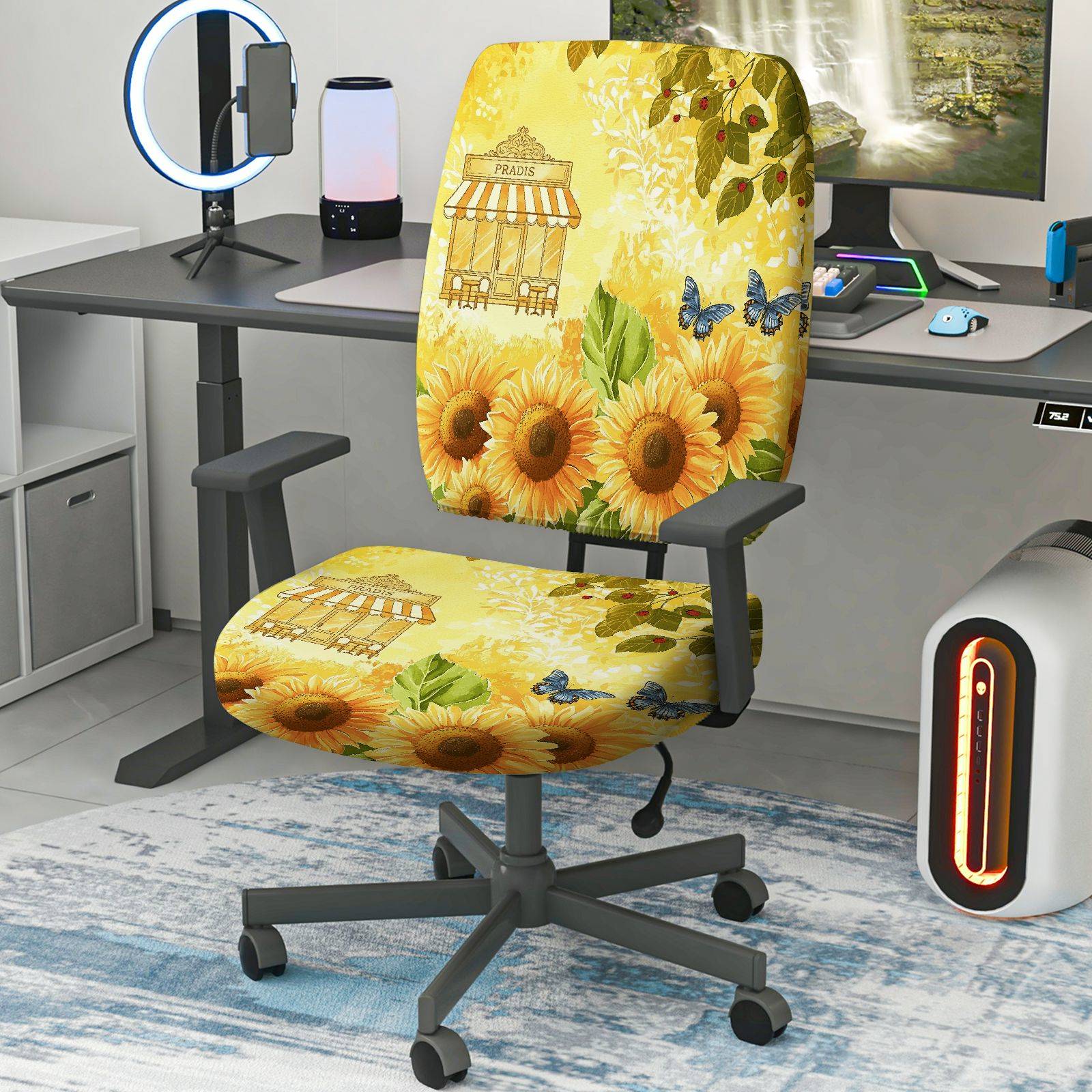 2-Piece Sunflower Butterfly Paris Cafe Floral  Computer Chair Cover Set, Seat and Backrest