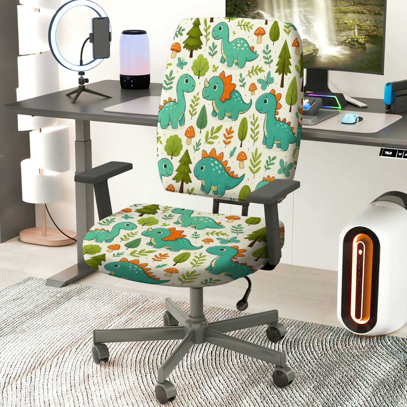 2-Piece Dinosaur Forest Green Cute  Computer Chair Cover Set, Seat and Backrest