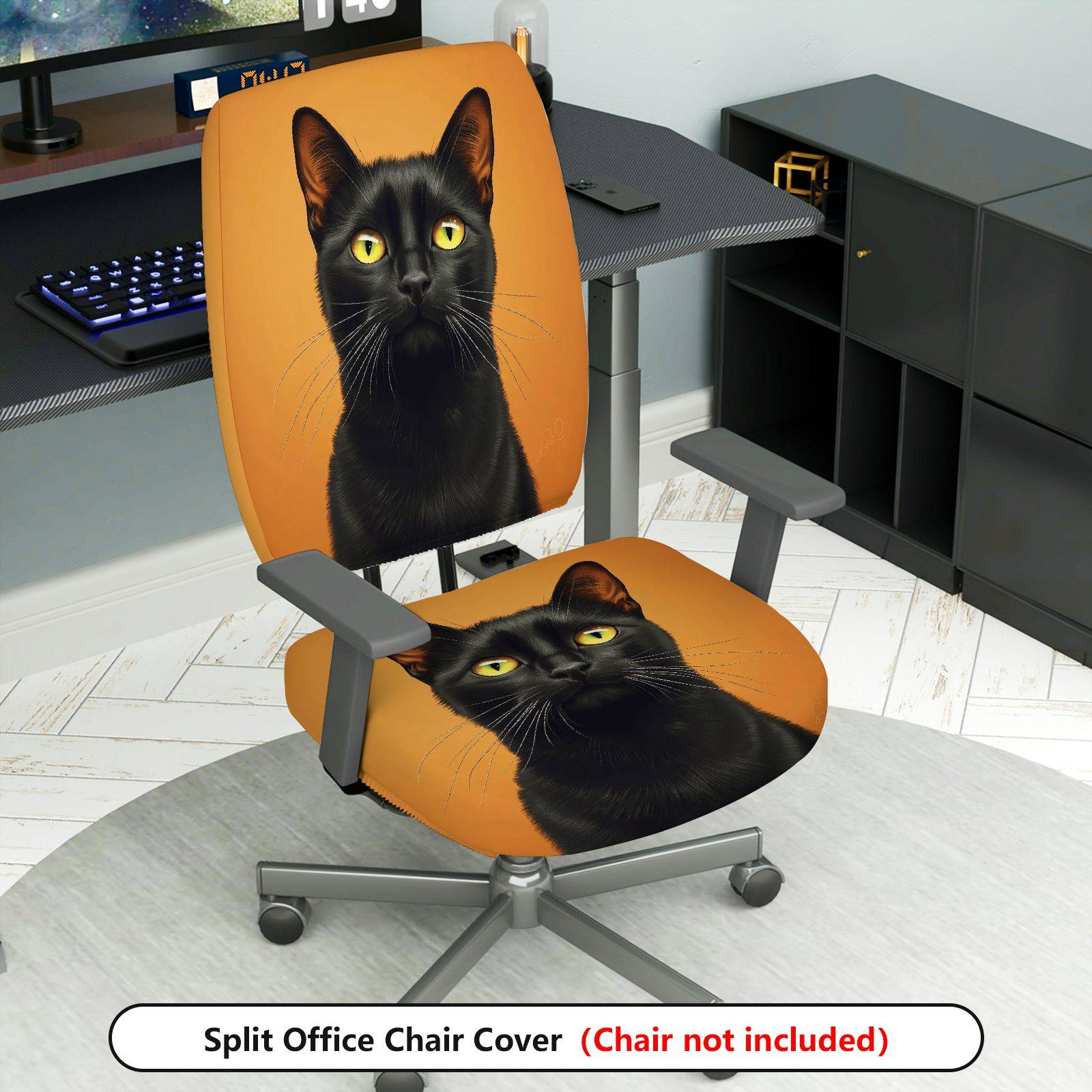 2-Piece Black cat animal portrait art stylish  Computer Chair Cover Set, Seat and Backrest
