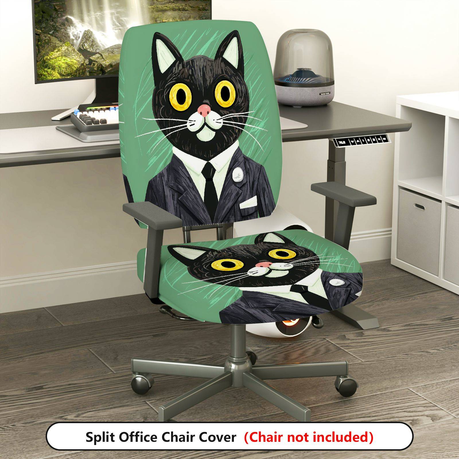 2-Piece Cat Business Suit Pattern Fun Creative Unique  Computer Chair Cover Set, Seat and Backrest