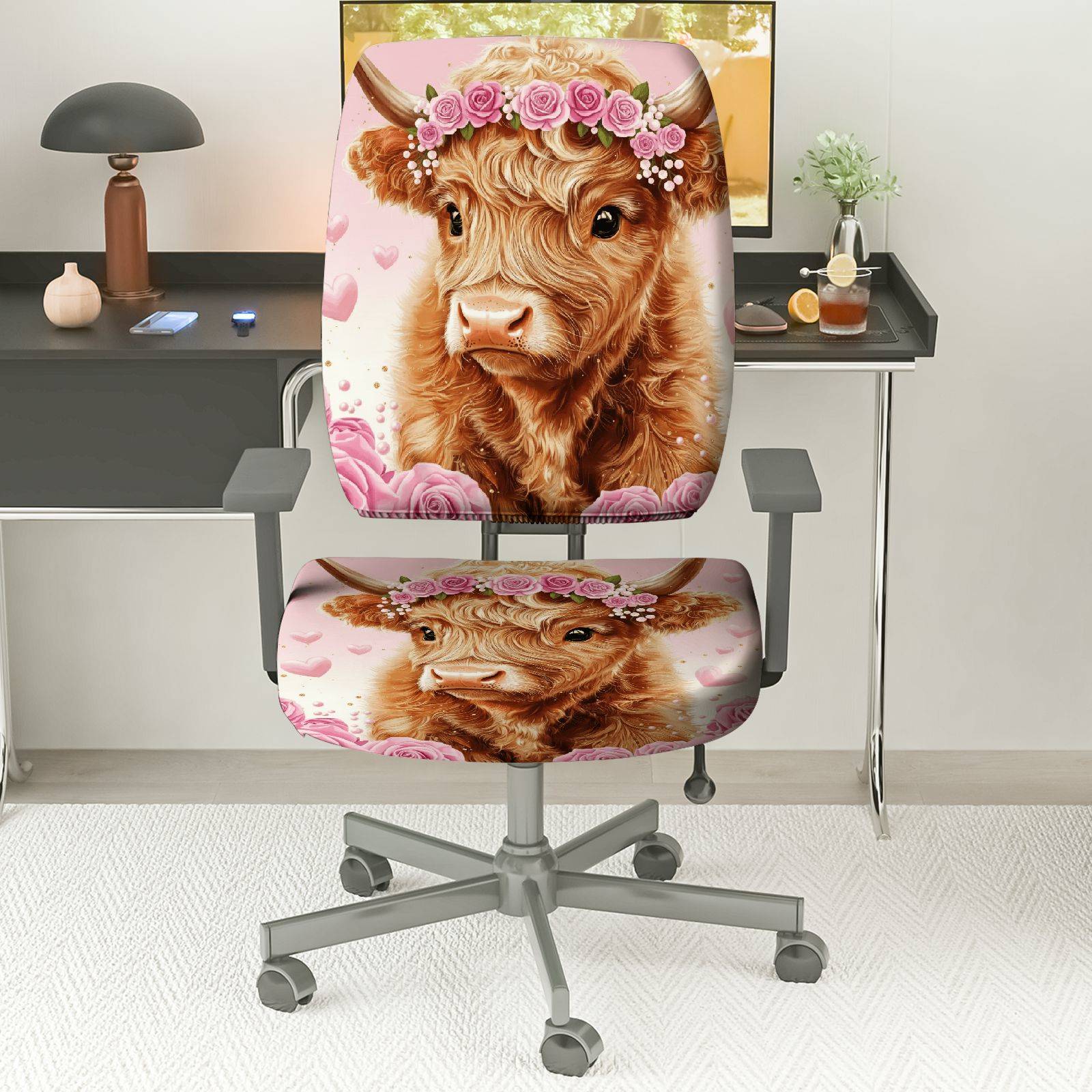 2-Piece Cute Highland Cow Flower Romantic Pink Festival  Computer Chair Cover Set, Seat and Backrest
