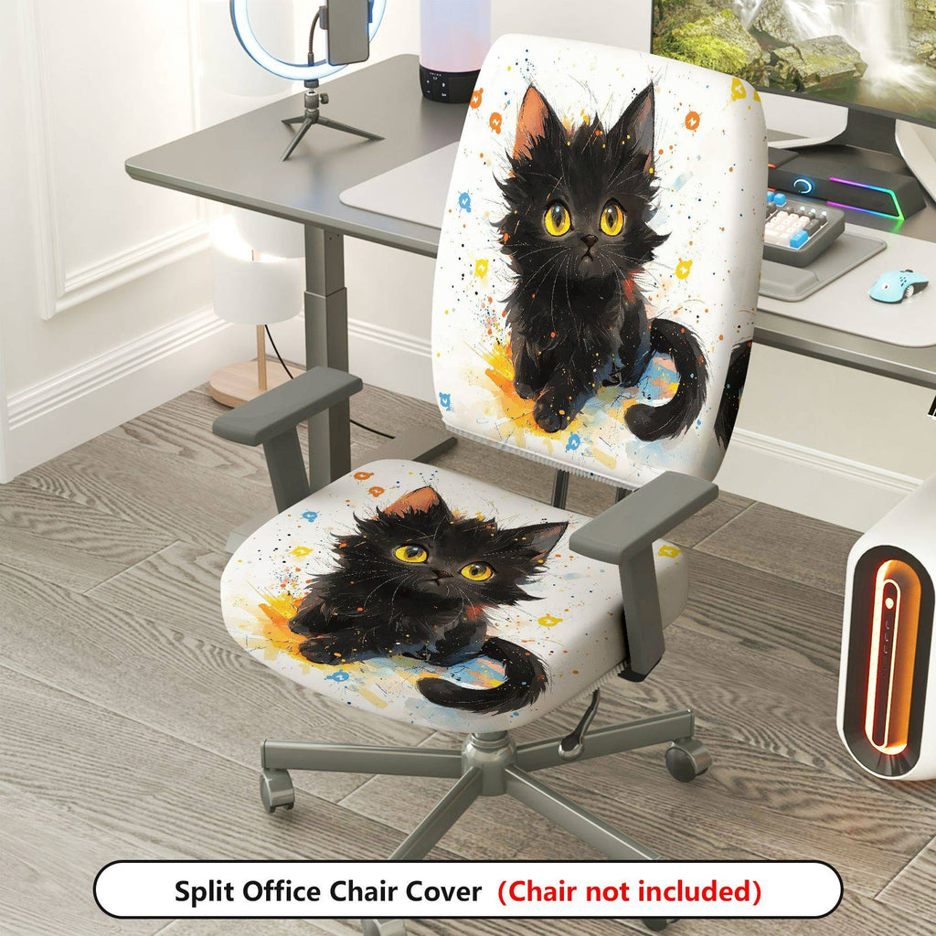 2-Piece Cute Black Cat Art  Computer Chair Cover Set, Seat and Backrest
