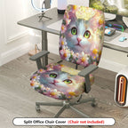 2-Piece Cute Cat Floral Spring Green Eyes Fantasy  Computer Chair Cover Set, Seat and Backrest