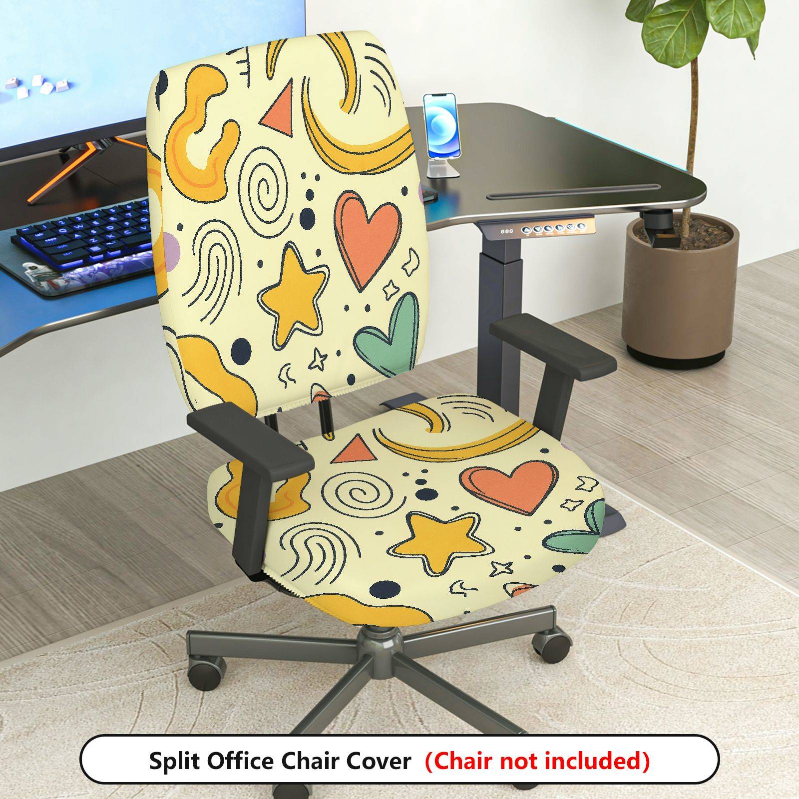 2-Piece Abstract Hearts Stars Swirls Yellow  Computer Chair Cover Set, Seat and Backrest