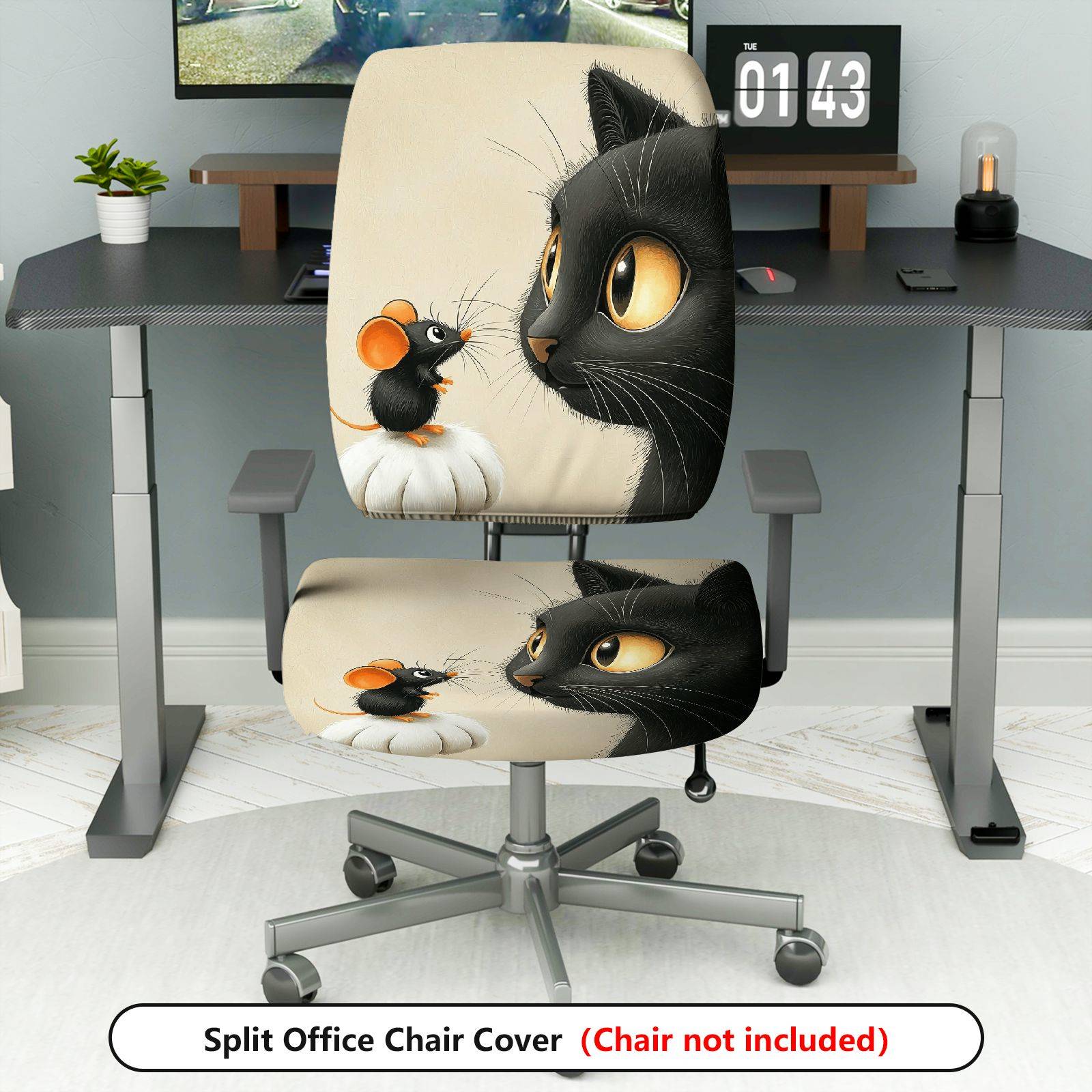 2-Piece Cat Mouse Fun Cute Animal  Computer Chair Cover Set, Seat and Backrest